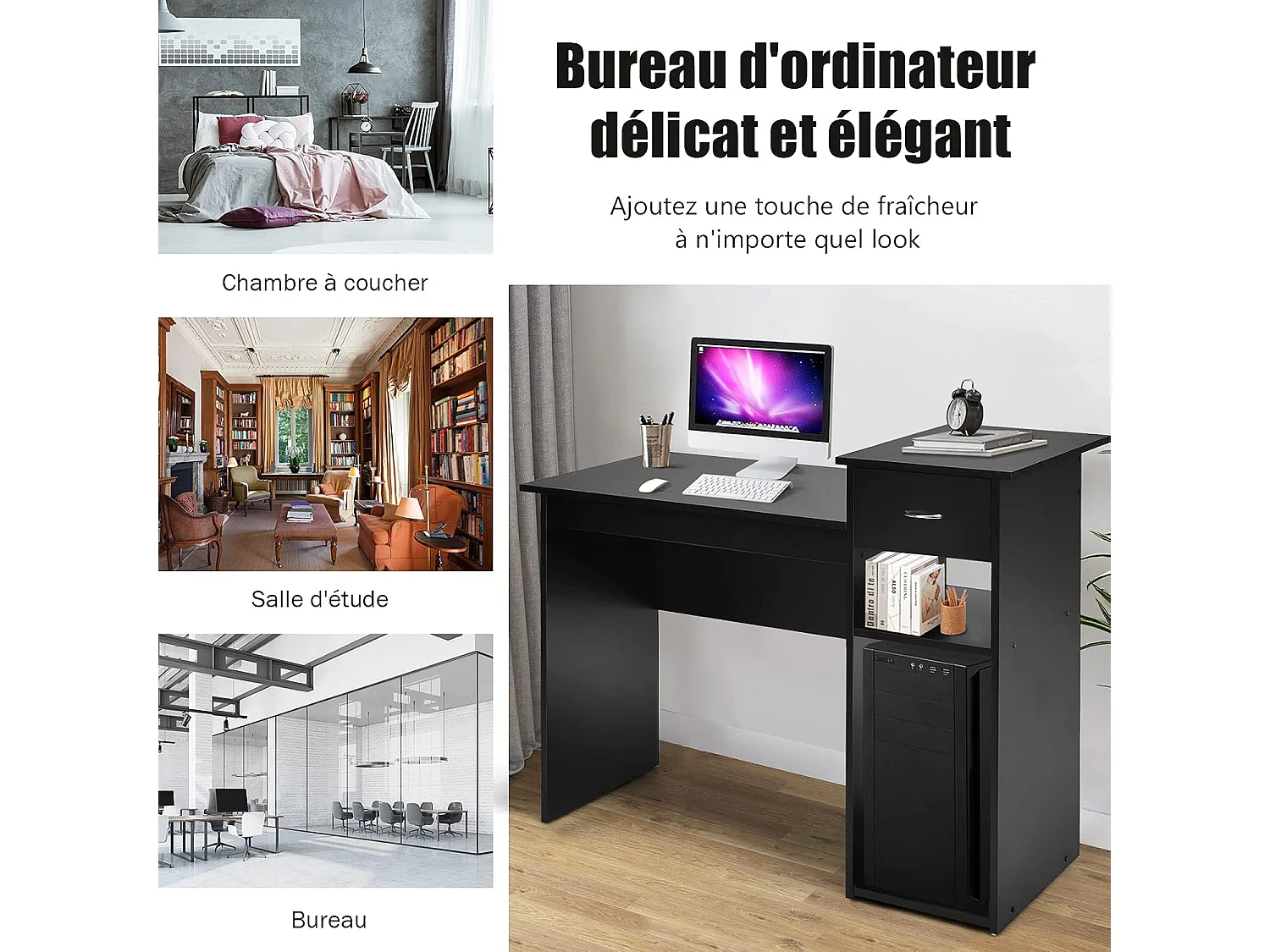 Bureau Informatique Bureau d’Ordinateur en MDF avec Tiroir et 2 Compartiments de Rangement pour Bureau,Chambre 108 x 39,5 x 82CM