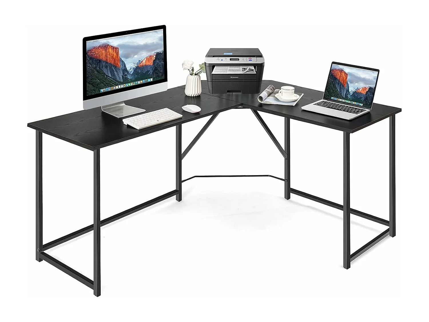 Bureau d'angle en Forme L 148 x 120 cm, Poste de Travail avec Cadre en Métal Renforcé, pour Bureau à Domicile, Style Moderne, Assemblage Facile (Noir)