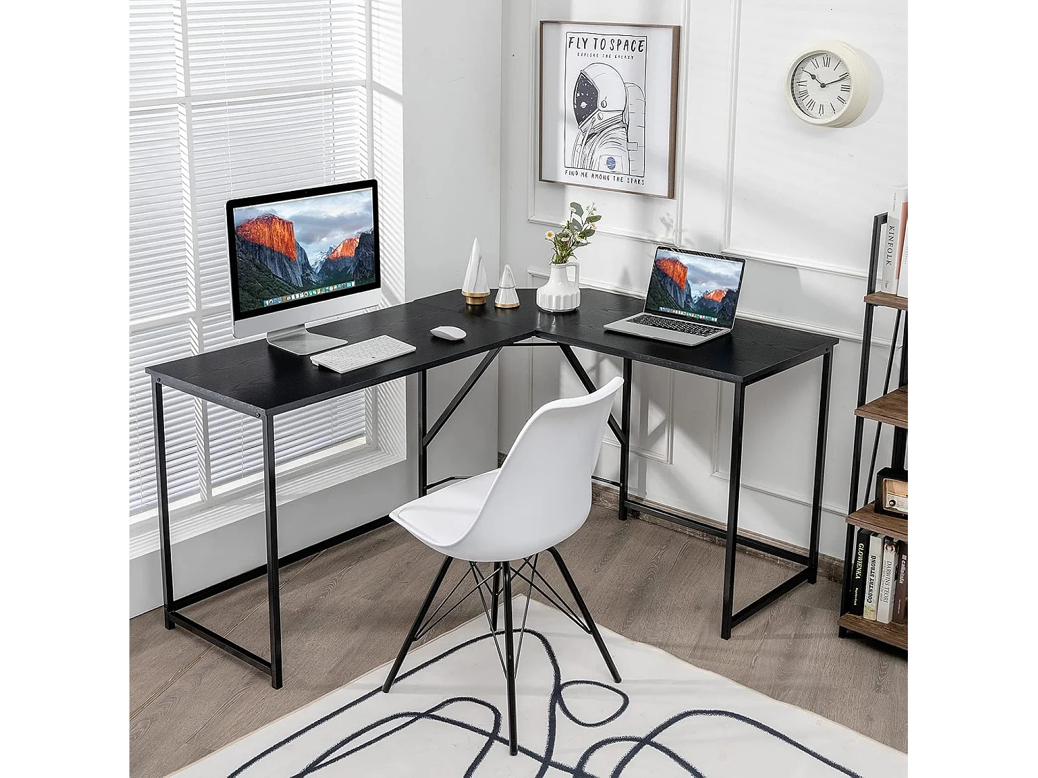 Bureau d'angle en Forme L 148 x 120 cm, Poste de Travail avec Cadre en Métal Renforcé, pour Bureau à Domicile, Style Moderne, Assemblage Facile (Noir)