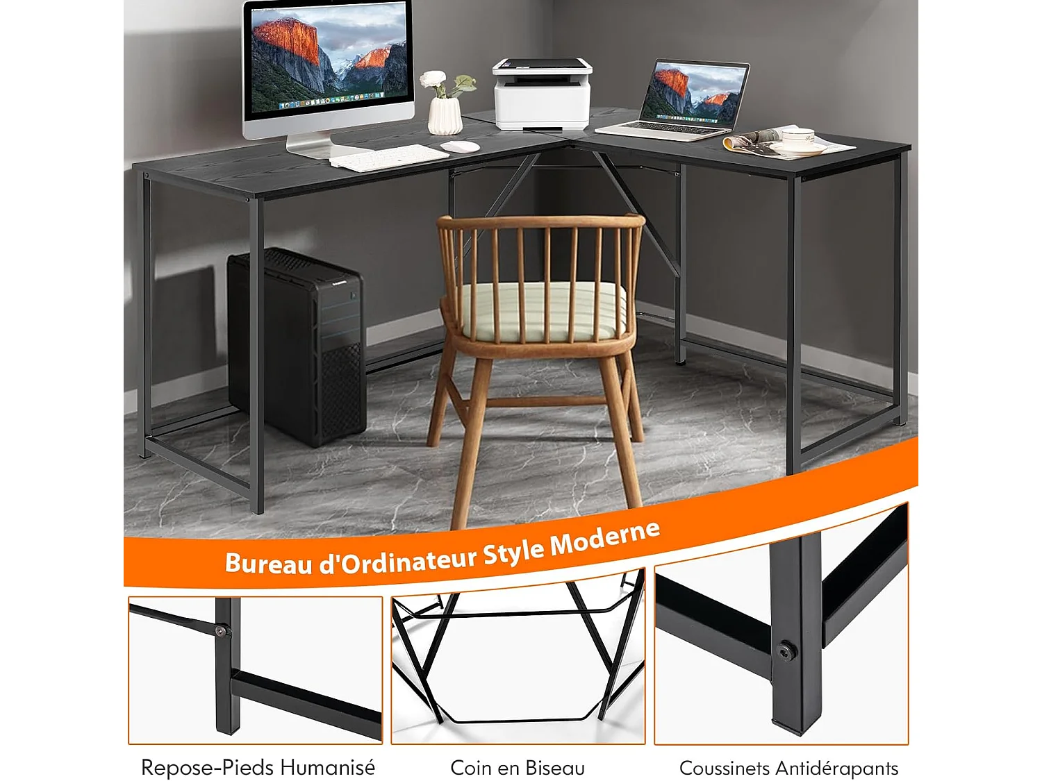 Bureau d'angle en Forme L 148 x 120 cm, Poste de Travail avec Cadre en Métal Renforcé, pour Bureau à Domicile, Style Moderne, Assemblage Facile (Noir)