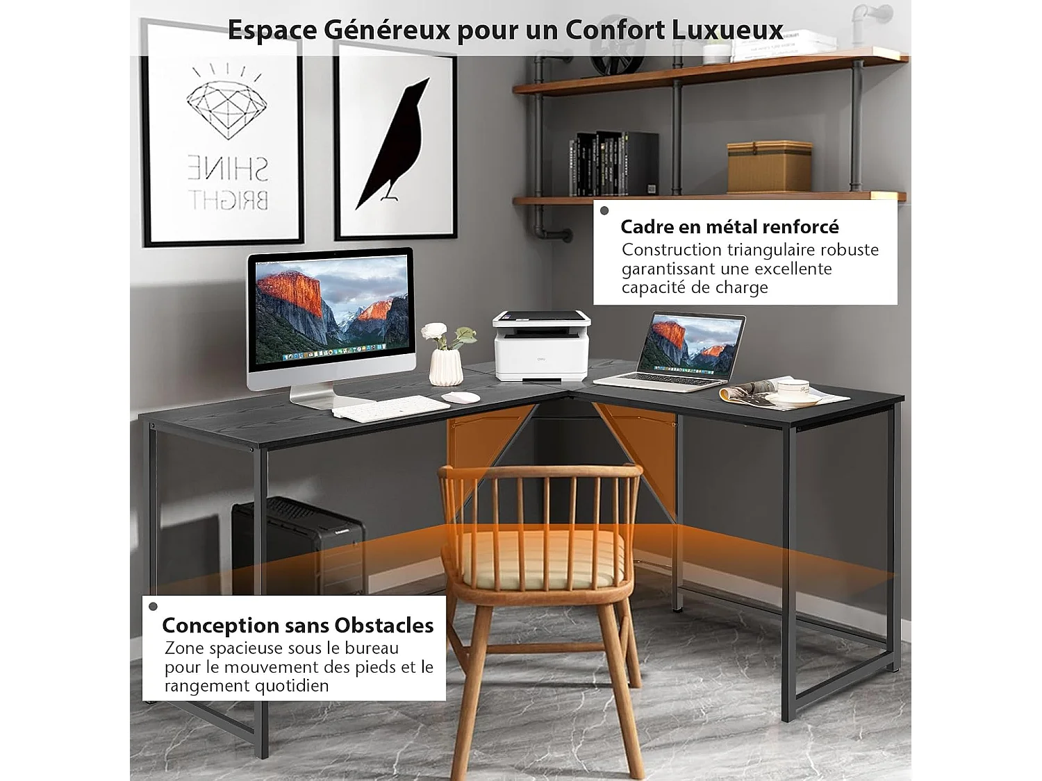 Bureau d'angle en Forme L 148 x 120 cm, Poste de Travail avec Cadre en Métal Renforcé, pour Bureau à Domicile, Style Moderne, Assemblage Facile (Noir)