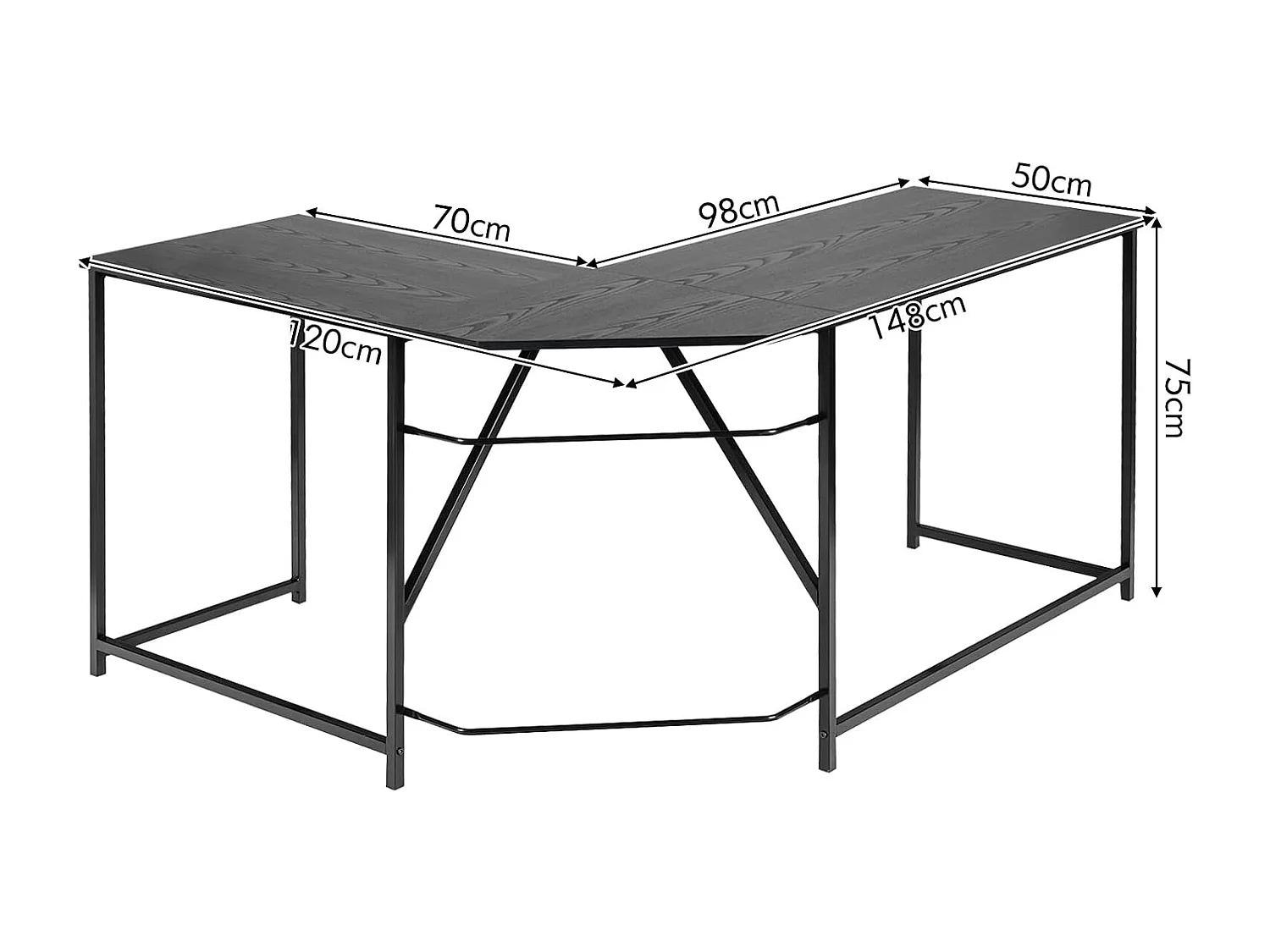 Bureau d'angle en Forme L 148 x 120 cm, Poste de Travail avec Cadre en Métal Renforcé, pour Bureau à Domicile, Style Moderne, Assemblage Facile (Noir)