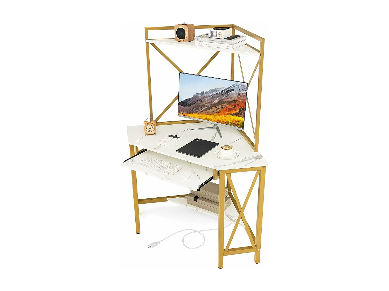 Bureau d'angle avec Étagère de Rangement, Bureau Informatique avec 2 Prises de Courant & 2 USB, Plateau pour Clavier, Cadre en Métal, Design Élégant(Blanc)