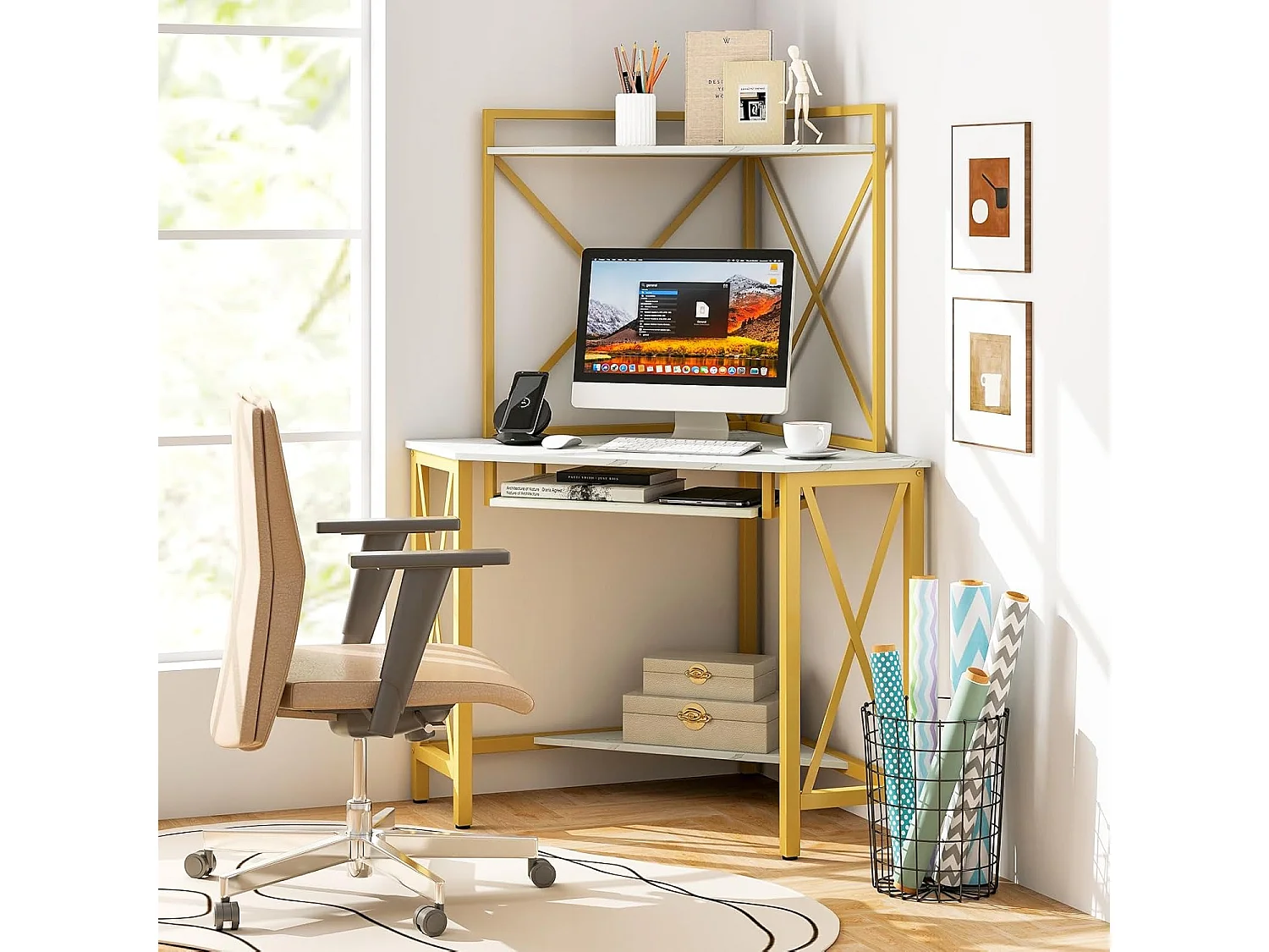 Bureau d'angle avec Étagère de Rangement, Bureau Informatique avec 2 Prises de Courant & 2 USB, Plateau pour Clavier, Cadre en Métal, Design Élégant(Blanc)