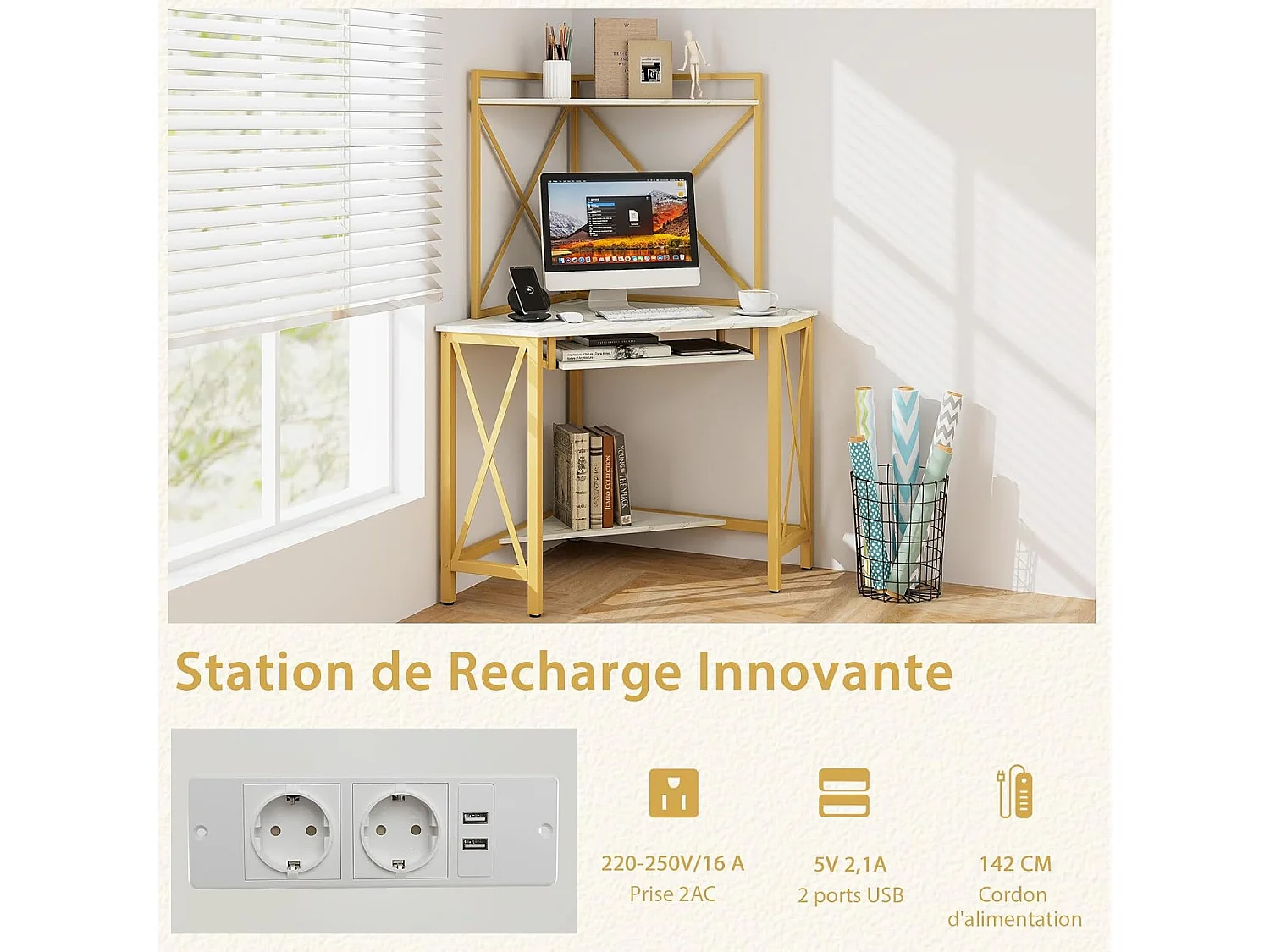 Bureau d'angle avec Étagère de Rangement, Bureau Informatique avec 2 Prises de Courant & 2 USB, Plateau pour Clavier, Cadre en Métal, Design Élégant(Blanc)