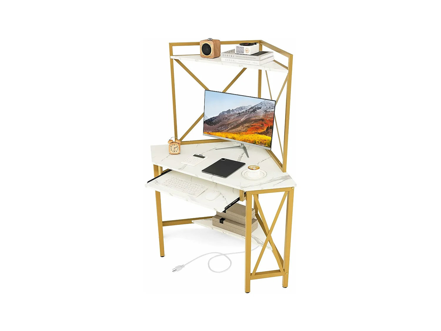 Bureau d'angle avec Étagère de Rangement, Bureau Informatique avec 2 Prises de Courant & 2 USB, Plateau pour Clavier, Cadre en Métal, Design Élégant(Blanc)
