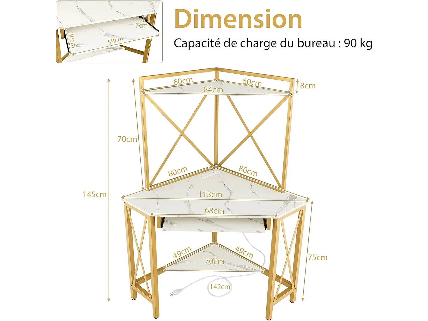 Bureau d'angle avec Étagère de Rangement, Bureau Informatique avec 2 Prises de Courant & 2 USB, Plateau pour Clavier, Cadre en Métal, Design Élégant(Blanc)