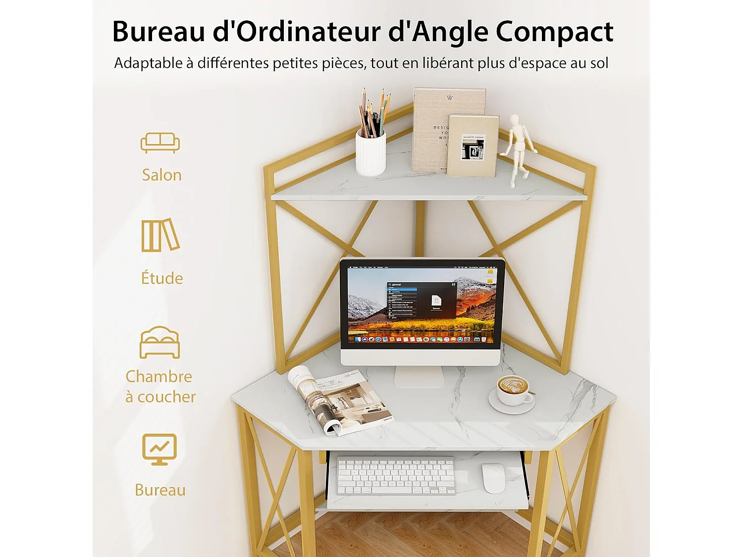 Bureau d'angle avec Étagère de Rangement, Bureau Informatique avec 2 Prises de Courant & 2 USB, Plateau pour Clavier, Cadre en Métal, Design Élégant(Blanc)