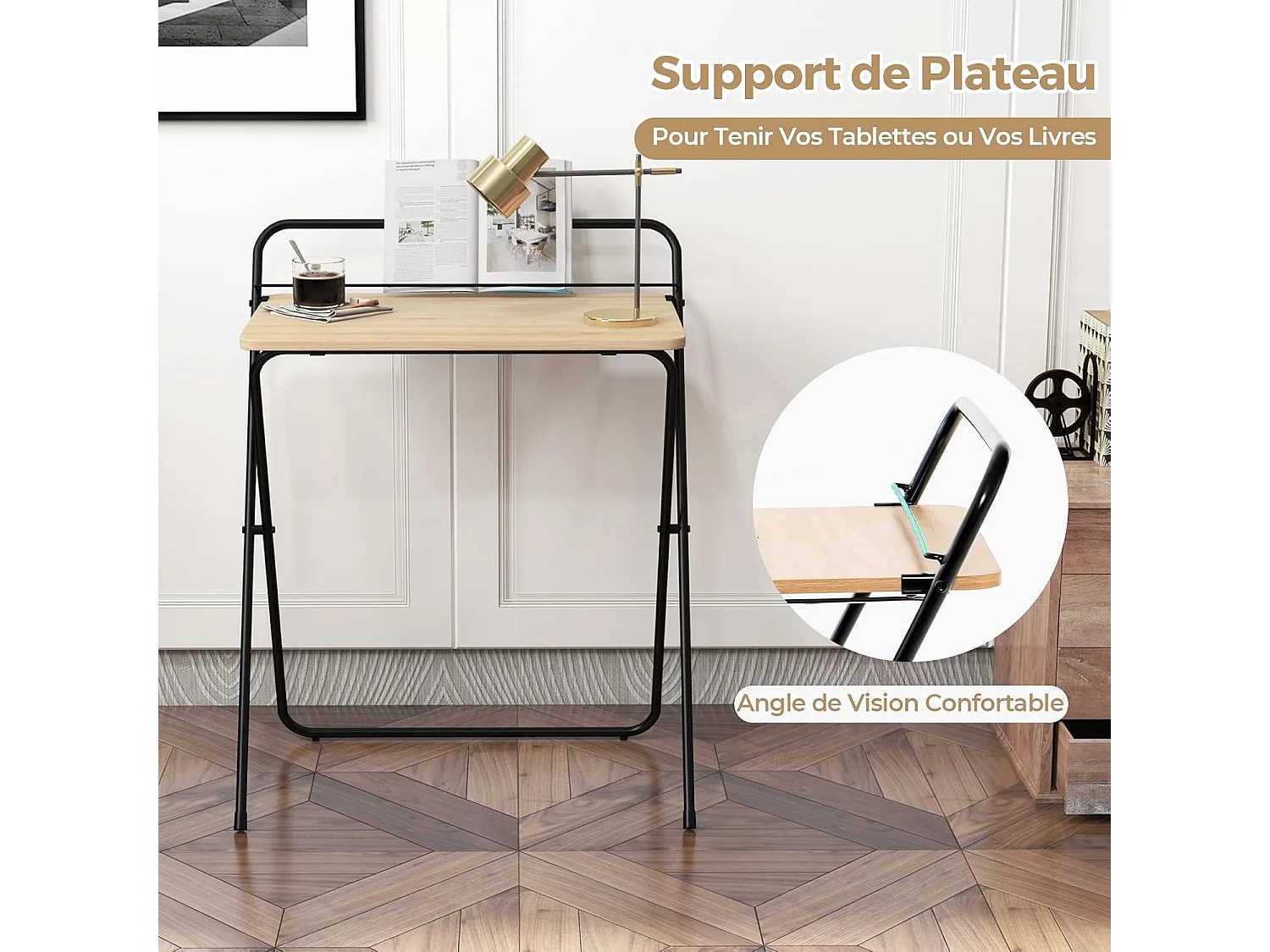 Petit Bureau Pliable 60 x 40 cm, Bureau d'Ordinateur Pliable, Support pour Tablette ou Livres, Table pour Petits Espaces, Aucun Assemblage Requis, Naturel