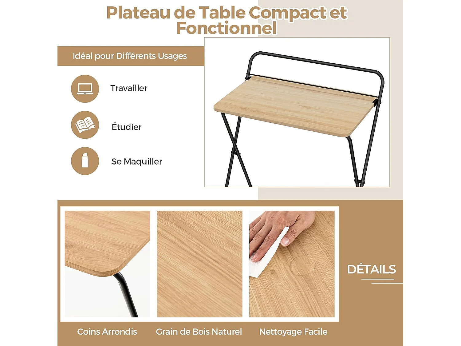 Petit Bureau Pliable 60 x 40 cm, Bureau d'Ordinateur Pliable, Support pour Tablette ou Livres, Table pour Petits Espaces, Aucun Assemblage Requis, Naturel