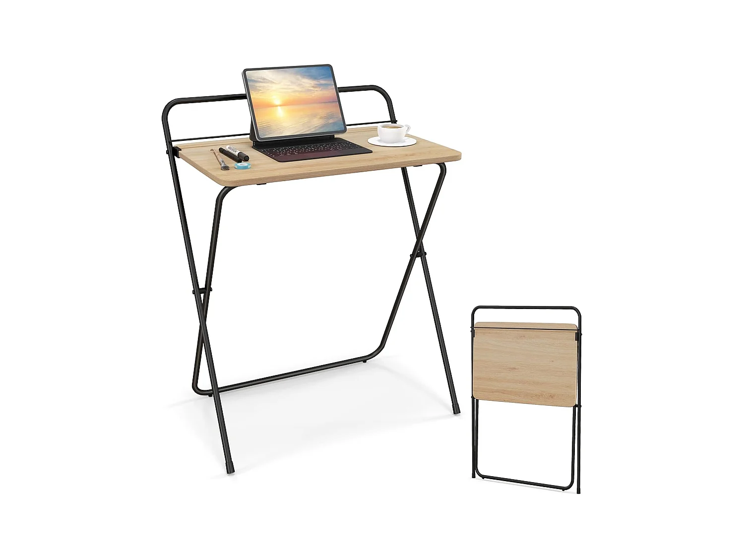 Petit Bureau Pliable 60 x 40 cm, Bureau d'Ordinateur Pliable, Support pour Tablette ou Livres, Table pour Petits Espaces, Aucun Assemblage Requis, Naturel