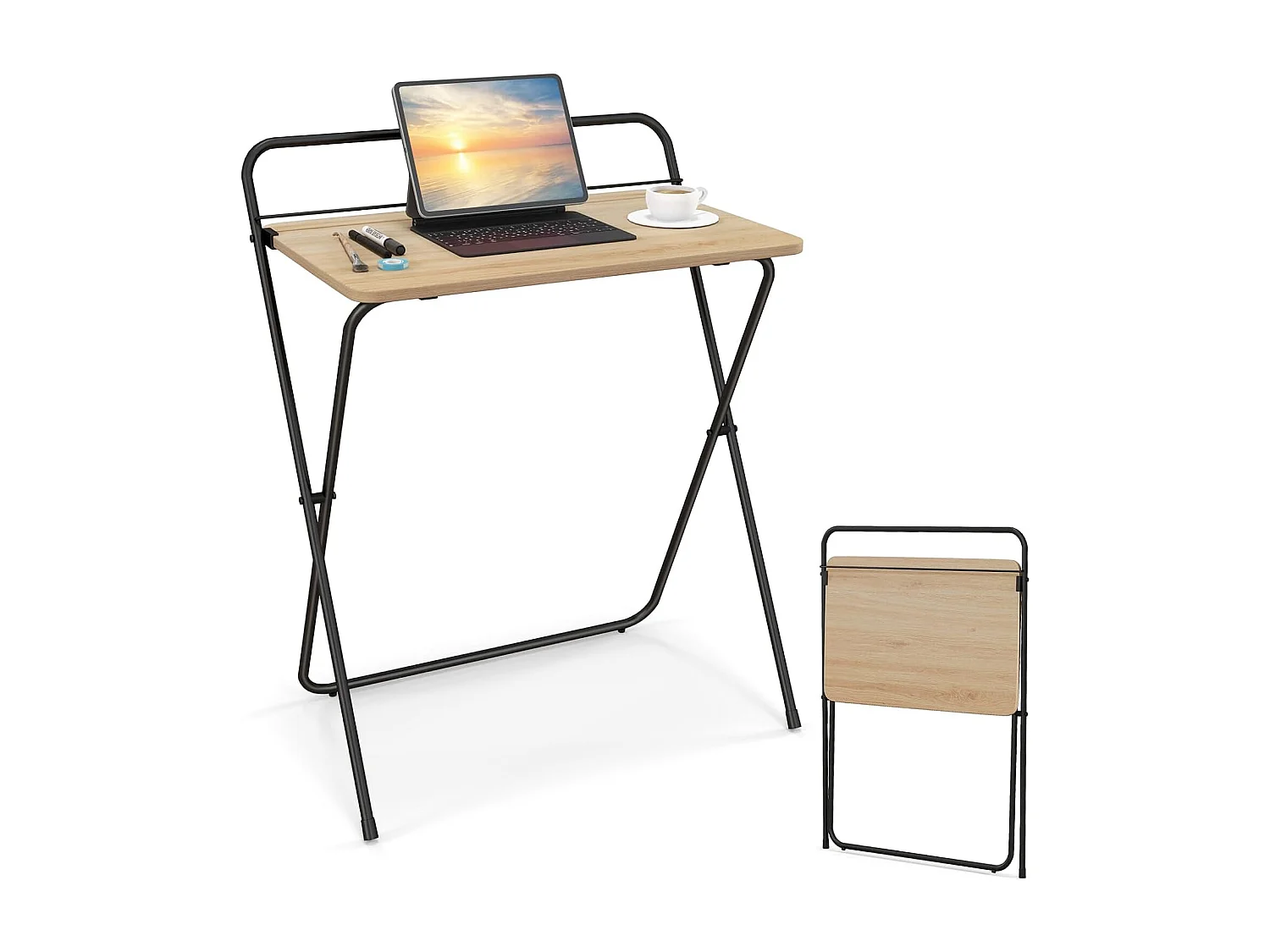 Petit Bureau Pliable 60 x 40 cm, Bureau d'Ordinateur Pliable, Support pour Tablette ou Livres, Table pour Petits Espaces, Aucun Assemblage Requis, Naturel