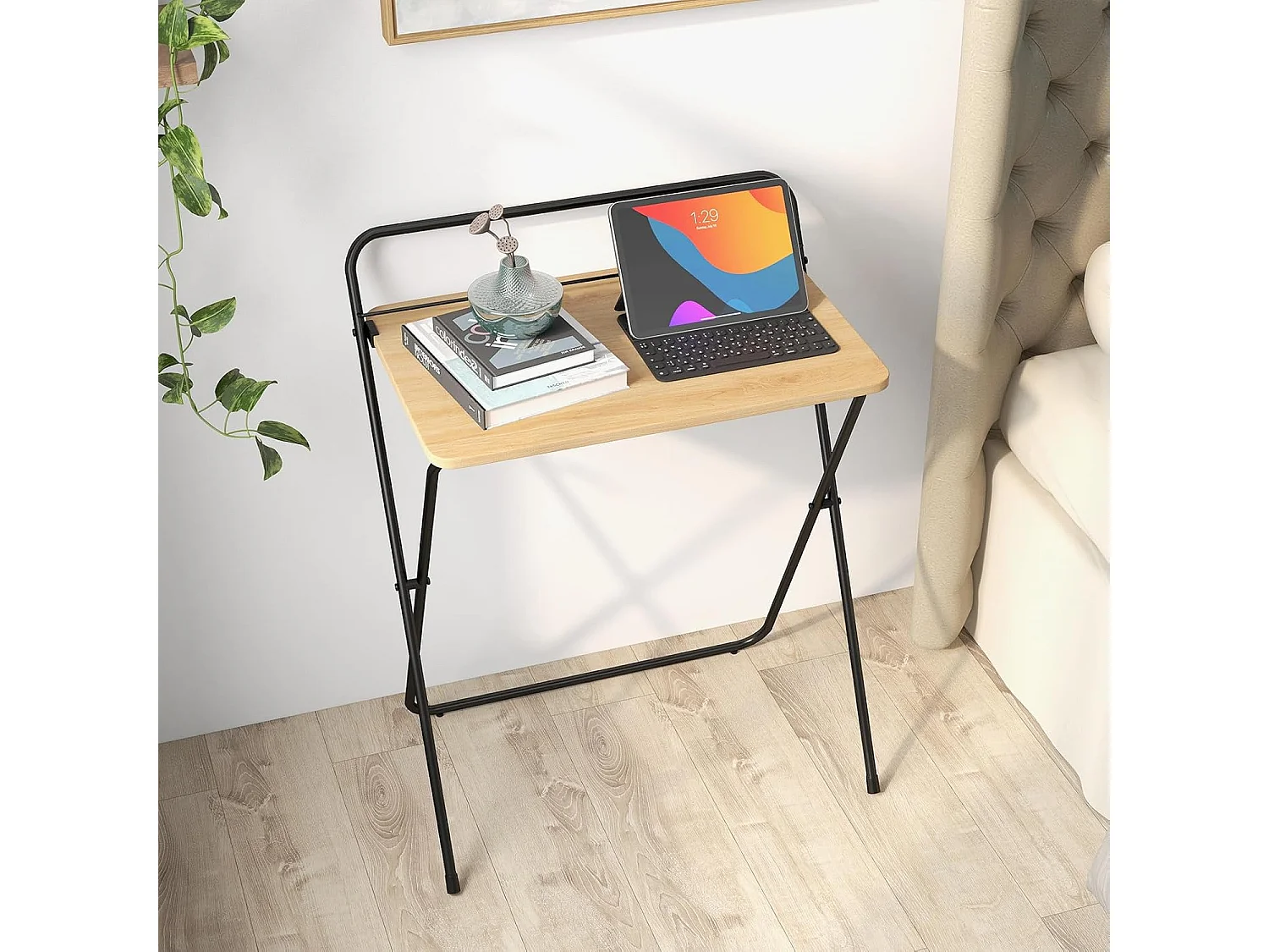 Petit Bureau Pliable 60 x 40 cm, Bureau d'Ordinateur Pliable, Support pour Tablette ou Livres, Table pour Petits Espaces, Aucun Assemblage Requis, Naturel