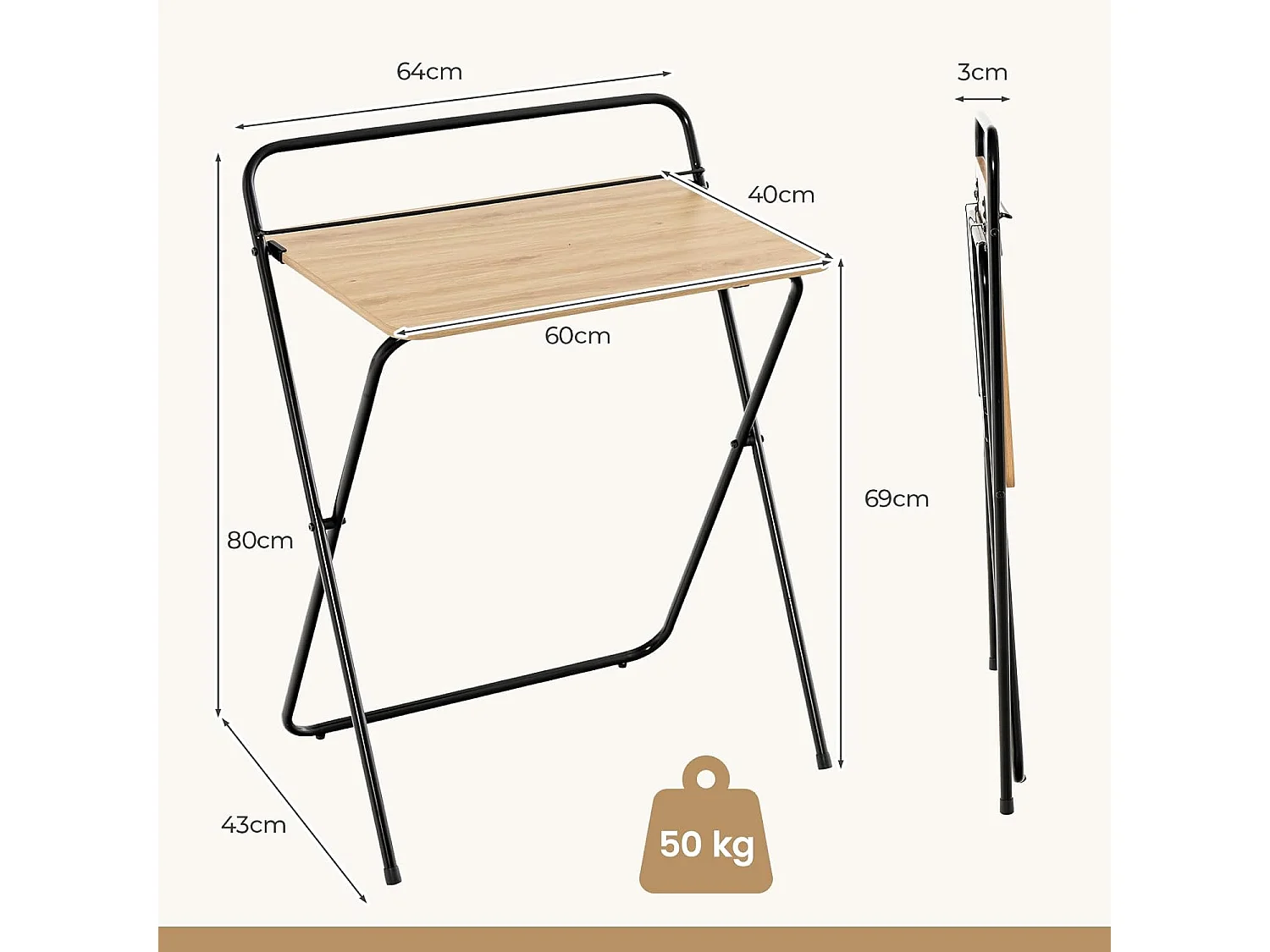 Petit Bureau Pliable 60 x 40 cm, Bureau d'Ordinateur Pliable, Support pour Tablette ou Livres, Table pour Petits Espaces, Aucun Assemblage Requis, Naturel