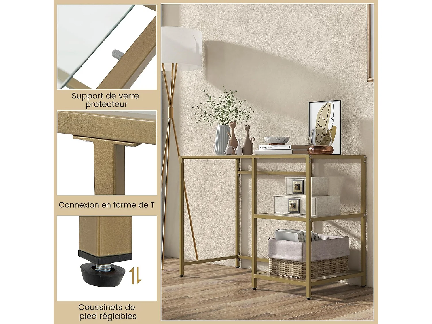 Bureau en Verre Trempé, Bureau 2 Étagères, Cadre Métallique Doré, Meuble d'Entrée pour Couloir, Salon, Chambre, Bureau, Doré, 106 x 51 x 76 cm