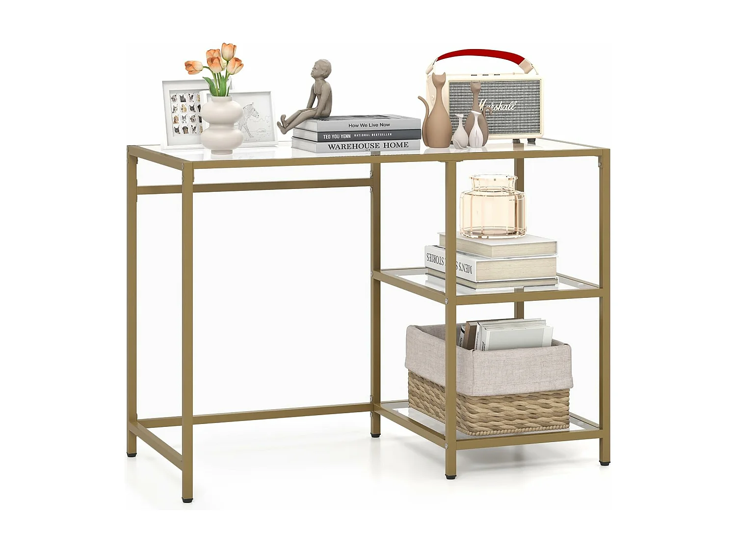 Bureau en Verre Trempé, Bureau 2 Étagères, Cadre Métallique Doré, Meuble d'Entrée pour Couloir, Salon, Chambre, Bureau, Doré, 106 x 51 x 76 cm