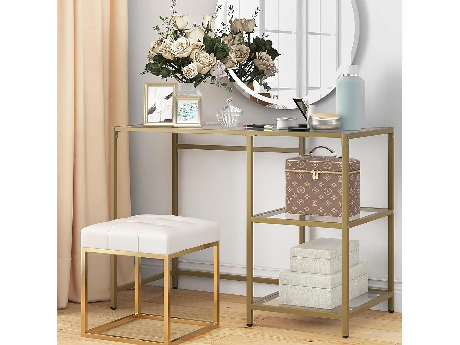 Bureau en Verre Trempé, Bureau 2 Étagères, Cadre Métallique Doré, Meuble d'Entrée pour Couloir, Salon, Chambre, Bureau, Doré, 106 x 51 x 76 cm