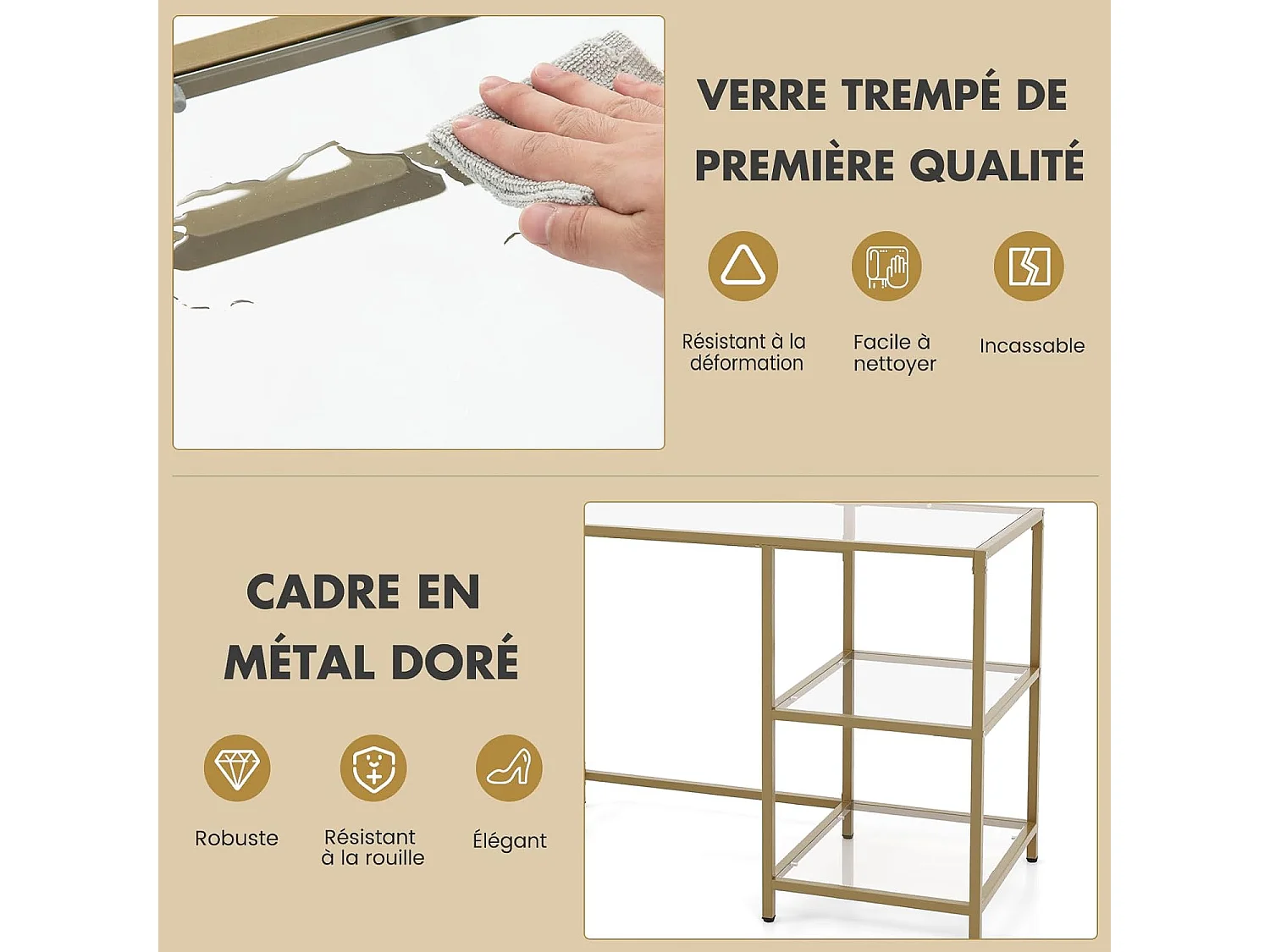 Bureau en Verre Trempé, Bureau 2 Étagères, Cadre Métallique Doré, Meuble d'Entrée pour Couloir, Salon, Chambre, Bureau, Doré, 106 x 51 x 76 cm