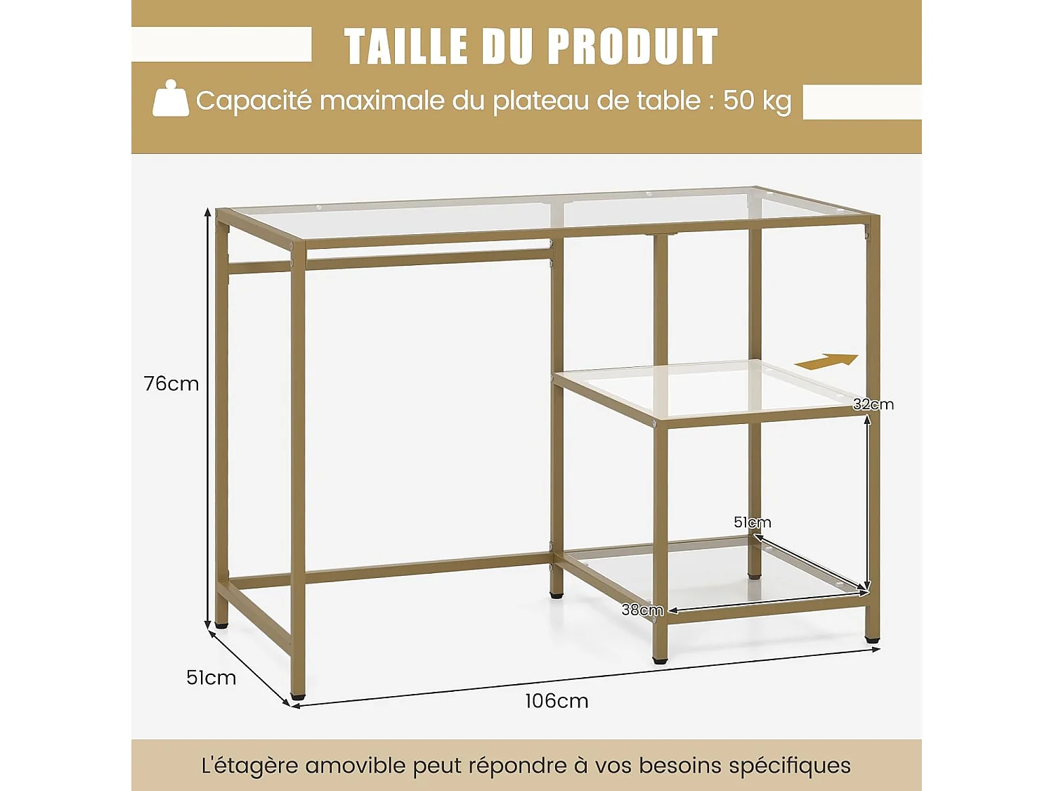Bureau en Verre Trempé, Bureau 2 Étagères, Cadre Métallique Doré, Meuble d'Entrée pour Couloir, Salon, Chambre, Bureau, Doré, 106 x 51 x 76 cm