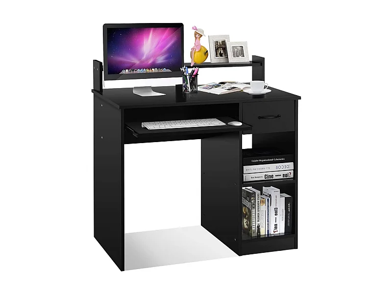 Bureau d'Ordinateur, Bureau avec Tiroir de Rangement et 2 Etagères, Plateau à Clavier Coulissant pour Maison, Bureau, Salle d’Etude, Poste de Travail, Noir