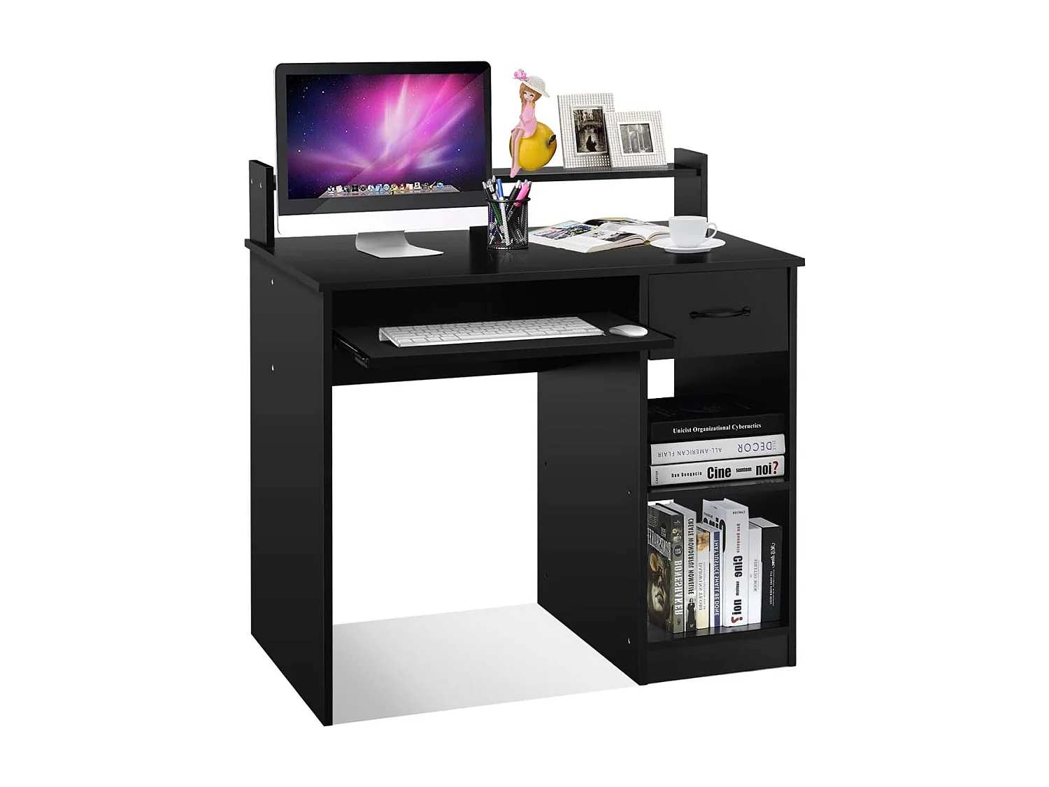Bureau d'Ordinateur, Bureau avec Tiroir de Rangement et 2 Etagères, Plateau à Clavier Coulissant pour Maison, Bureau, Salle d’Etude, Poste de Travail, Noir