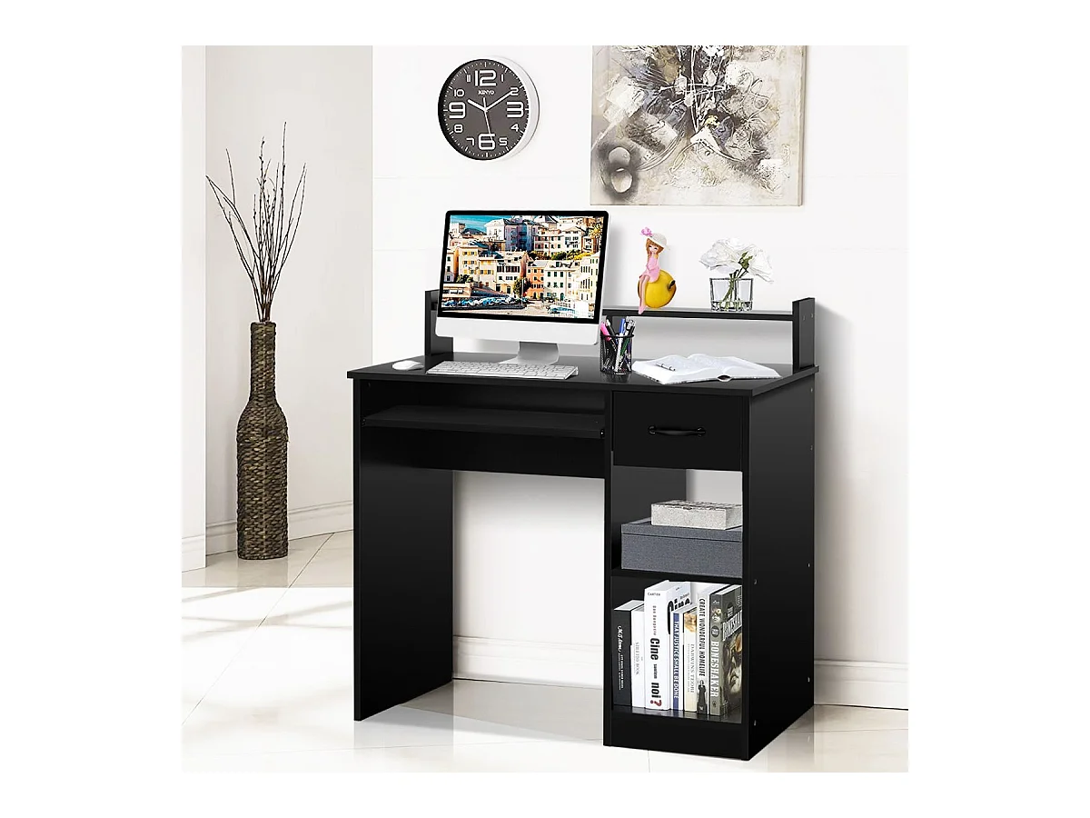 Bureau d'Ordinateur, Bureau avec Tiroir de Rangement et 2 Etagères, Plateau à Clavier Coulissant pour Maison, Bureau, Salle d’Etude, Poste de Travail, Noir