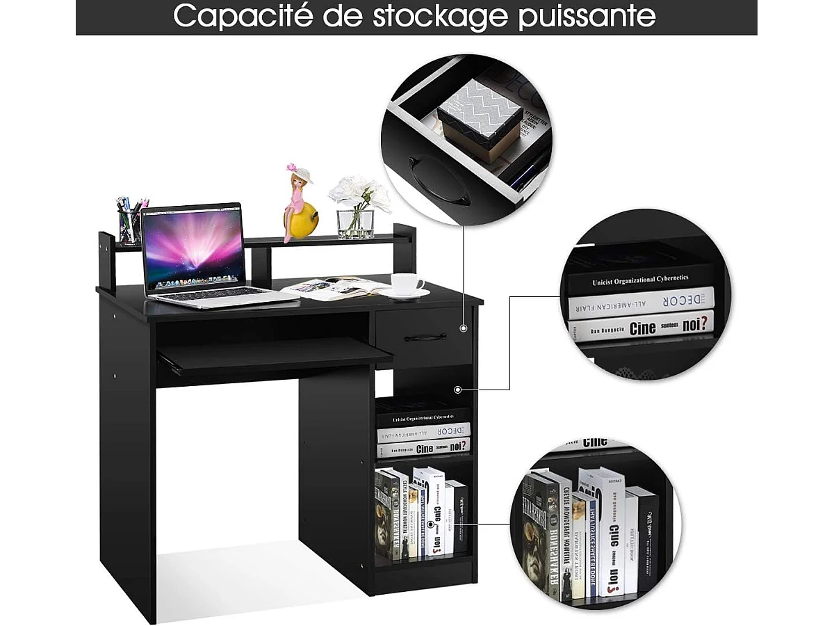 Bureau d'Ordinateur, Bureau avec Tiroir de Rangement et 2 Etagères, Plateau à Clavier Coulissant pour Maison, Bureau, Salle d’Etude, Poste de Travail, Noir