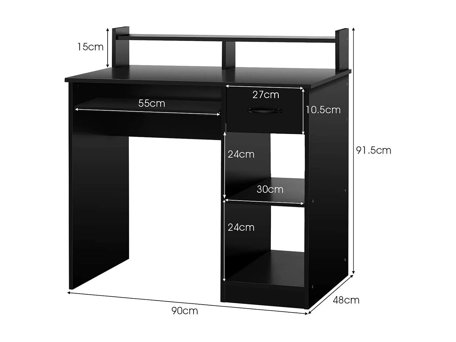 Bureau d'Ordinateur, Bureau avec Tiroir de Rangement et 2 Etagères, Plateau à Clavier Coulissant pour Maison, Bureau, Salle d’Etude, Poste de Travail, Noir