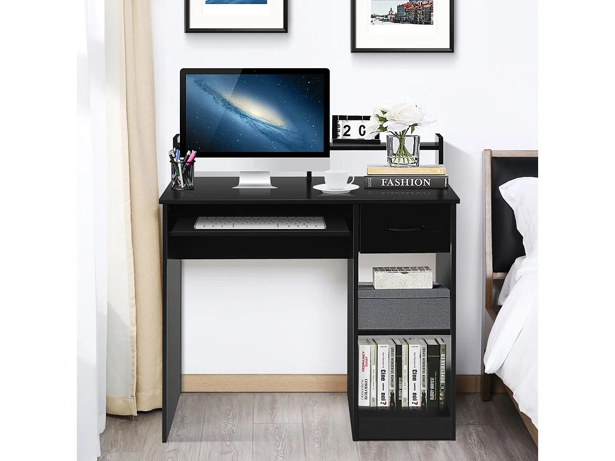 Bureau d'Ordinateur, Bureau avec Tiroir de Rangement et 2 Etagères, Plateau à Clavier Coulissant pour Maison, Bureau, Salle d’Etude, Poste de Travail, Noir