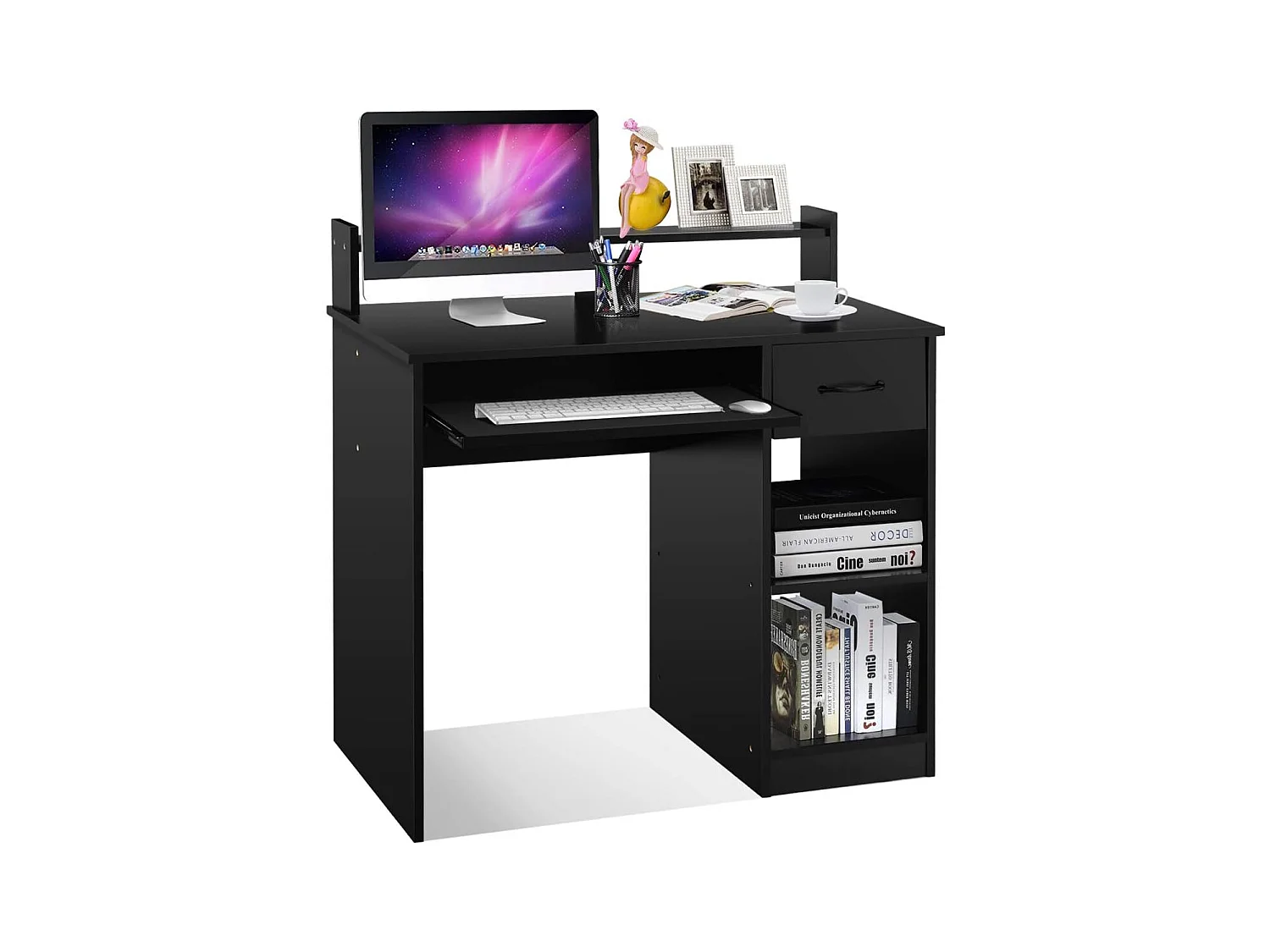 Bureau d'Ordinateur, Bureau avec Tiroir de Rangement et 2 Etagères, Plateau à Clavier Coulissant pour Maison, Bureau, Salle d’Etude, Poste de Travail, Noir