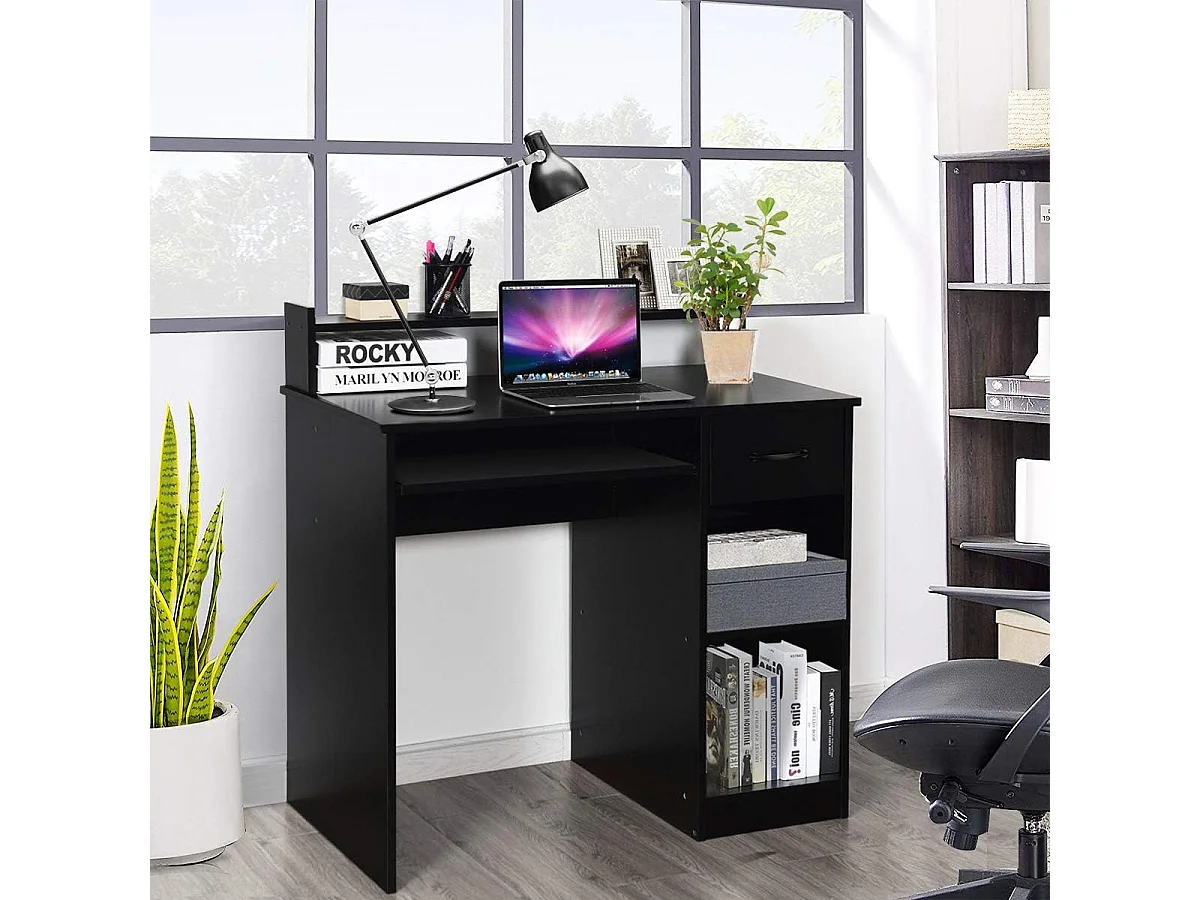 Bureau d'Ordinateur, Bureau avec Tiroir de Rangement et 2 Etagères, Plateau à Clavier Coulissant pour Maison, Bureau, Salle d’Etude, Poste de Travail, Noir
