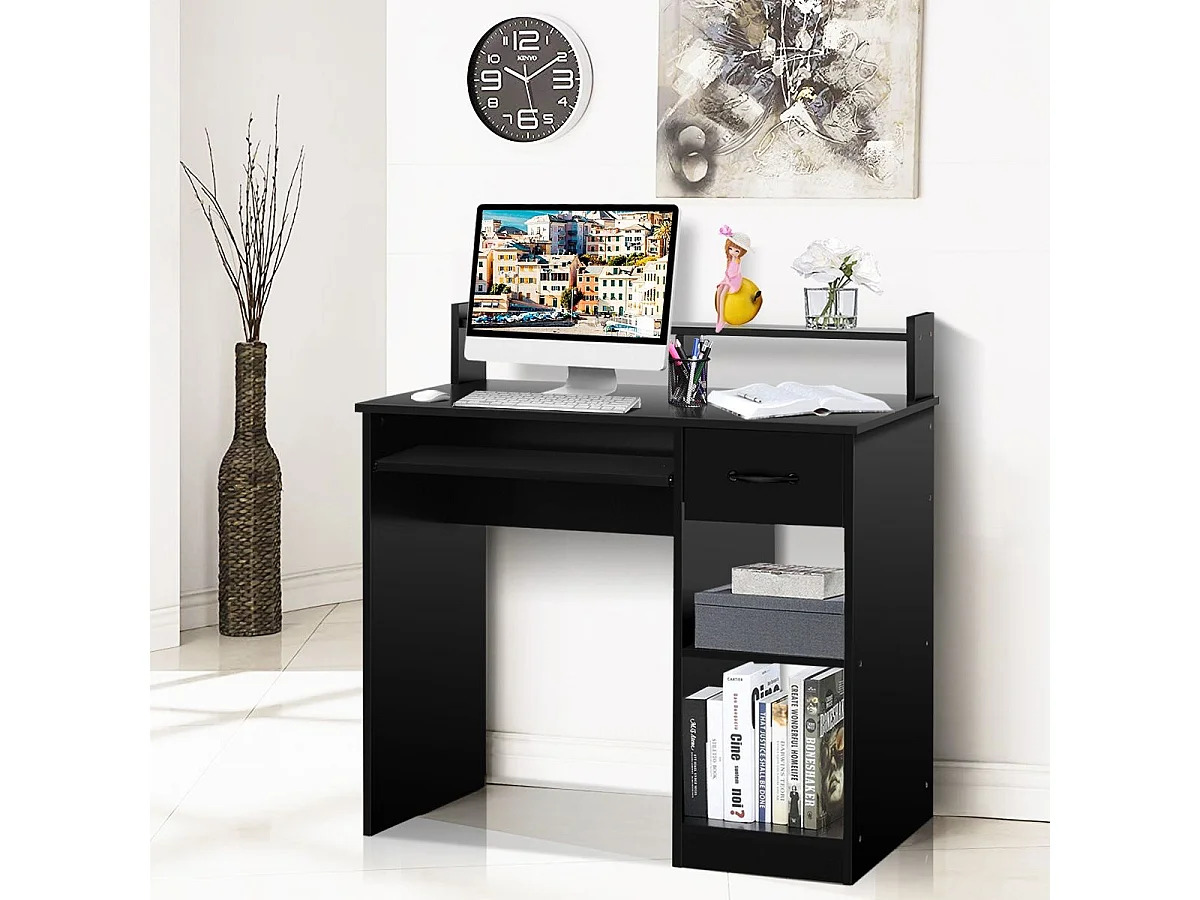 Bureau d'Ordinateur, Bureau avec Tiroir de Rangement et 2 Etagères, Plateau à Clavier Coulissant pour Maison, Bureau, Salle d’Etude, Poste de Travail, Noir