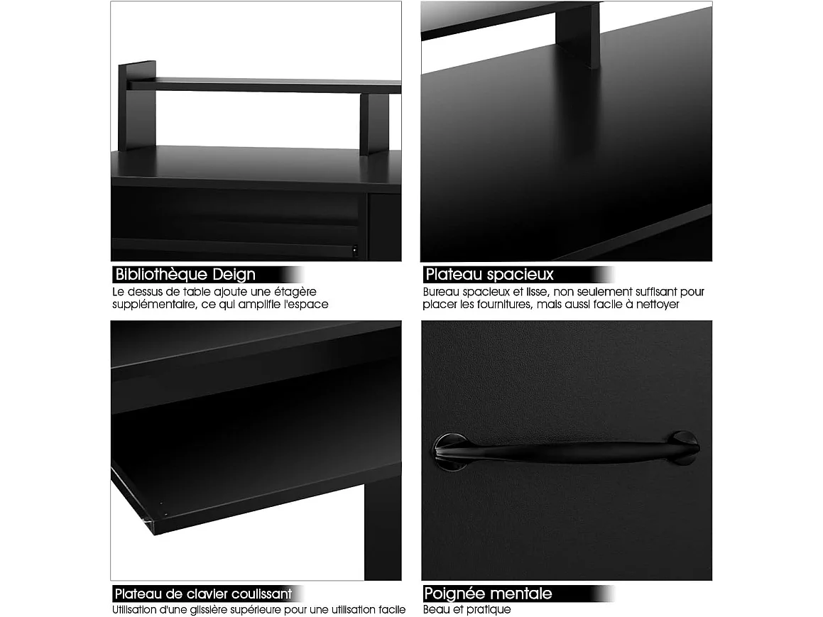 Bureau d'Ordinateur, Bureau avec Tiroir de Rangement et 2 Etagères, Plateau à Clavier Coulissant pour Maison, Bureau, Salle d’Etude, Poste de Travail, Noir