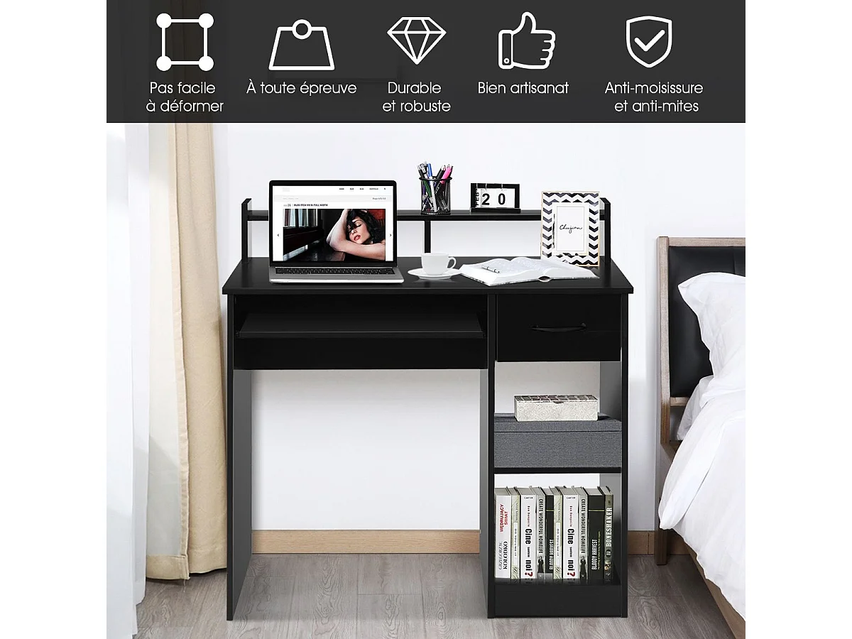 Bureau d'Ordinateur, Bureau avec Tiroir de Rangement et 2 Etagères, Plateau à Clavier Coulissant pour Maison, Bureau, Salle d’Etude, Poste de Travail, Noir