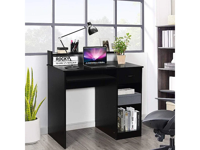 Bureau d'Ordinateur, Bureau avec Tiroir de Rangement et 2 Etagères, Plateau à Clavier Coulissant pour Maison, Bureau, Salle d’Etude, Poste de Travail, Noir