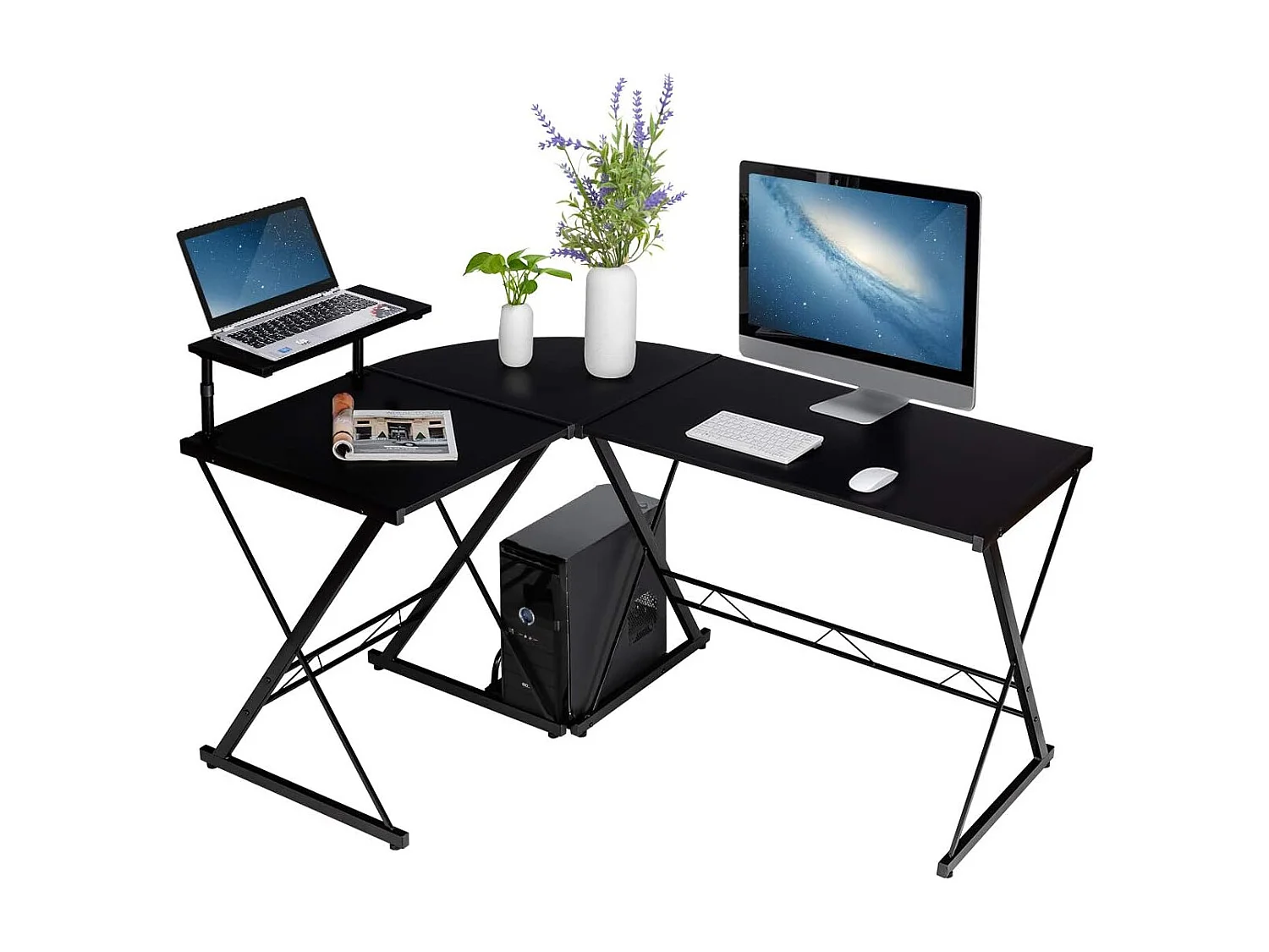 Bureau d'Angle en Forme de L Détachable avec Support pour Moniteur,Compartiment de Rangement 147x112x79CM Industriel Noir