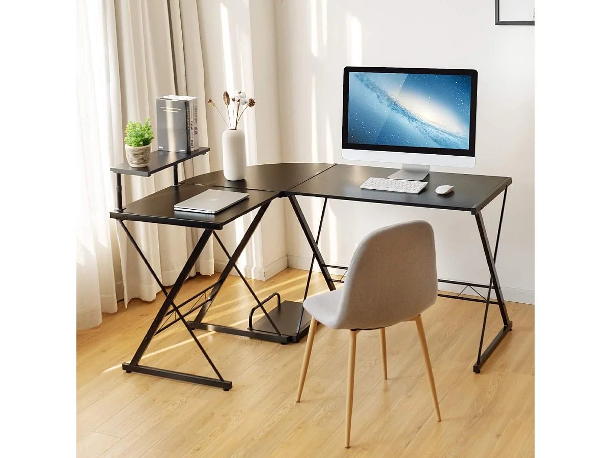 Bureau d'Angle en Forme de L Détachable avec Support pour Moniteur,Compartiment de Rangement 147x112x79CM Industriel Noir