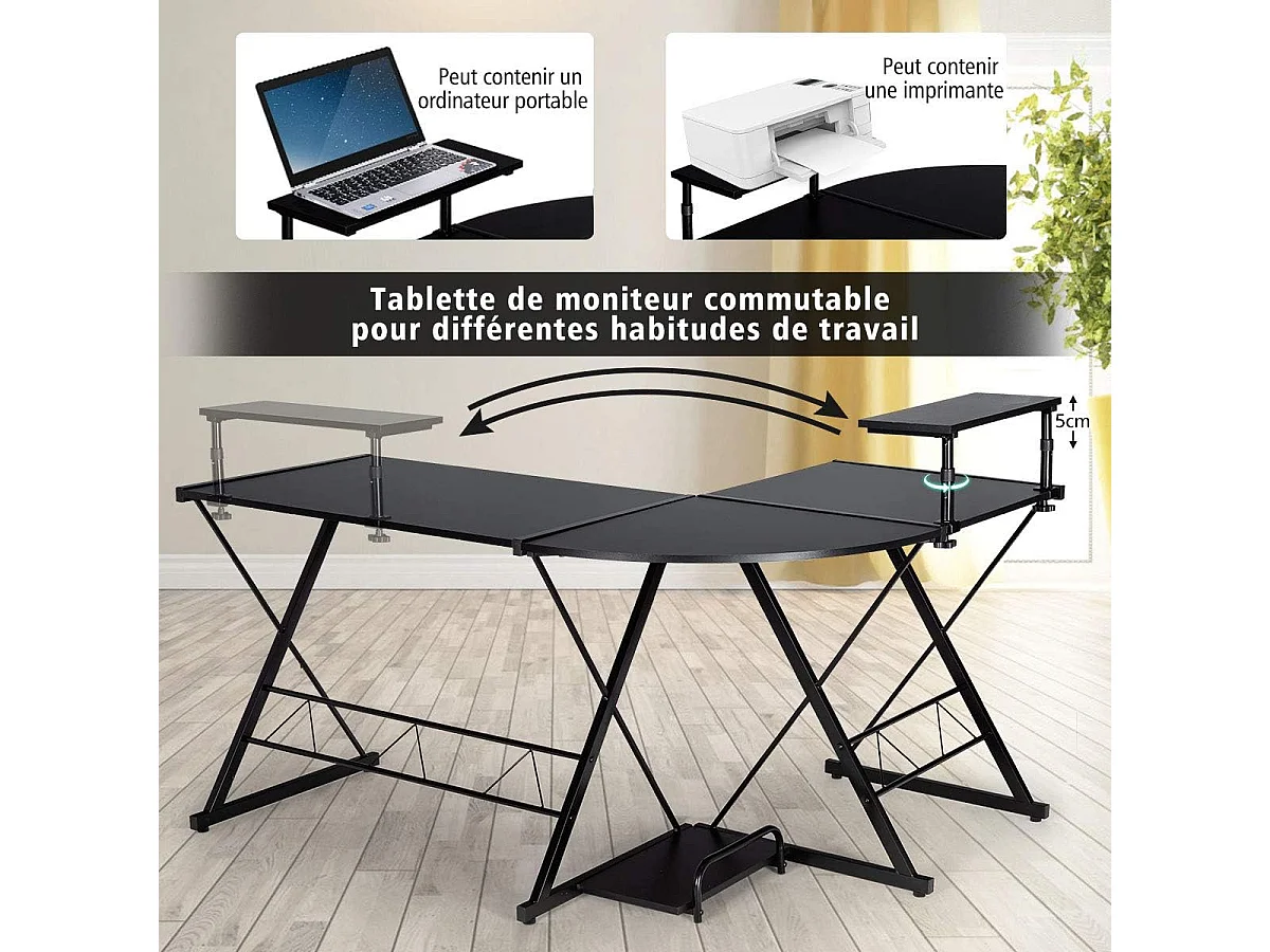 Bureau d'Angle en Forme de L Détachable avec Support pour Moniteur,Compartiment de Rangement 147x112x79CM Industriel Noir