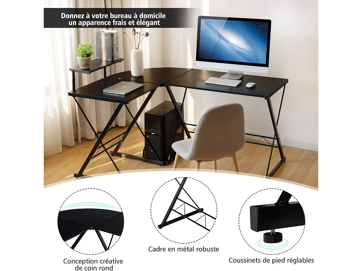 Bureau d'Angle en Forme de L Détachable avec Support pour Moniteur,Compartiment de Rangement 147x112x79CM Industriel Noir