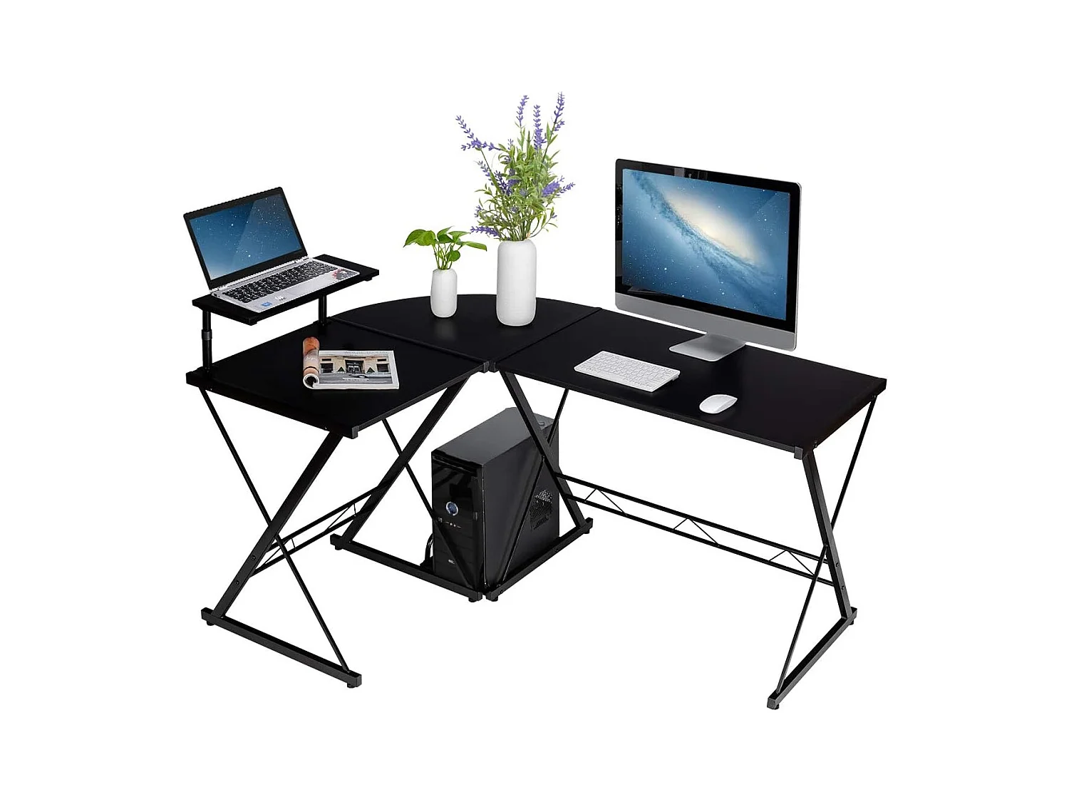 Bureau d'Angle en Forme de L Détachable avec Support pour Moniteur,Compartiment de Rangement 147x112x79CM Industriel Noir