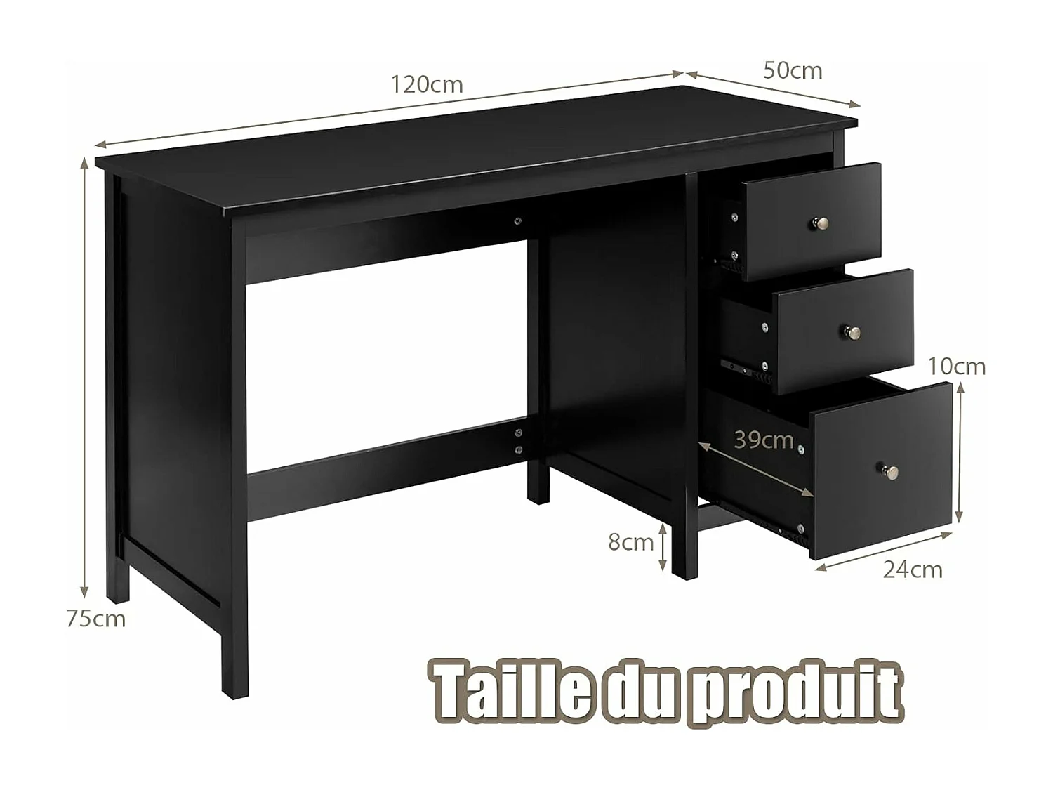 Bureau d'Ordinateur, Table de Bureau avec 3 Tiroirs de Rangement, Bureau d'Écriture, Table d'Étude, Postes de Travail pour Chambre, Bureau, 50 x 120 x 75 cm (Noir)