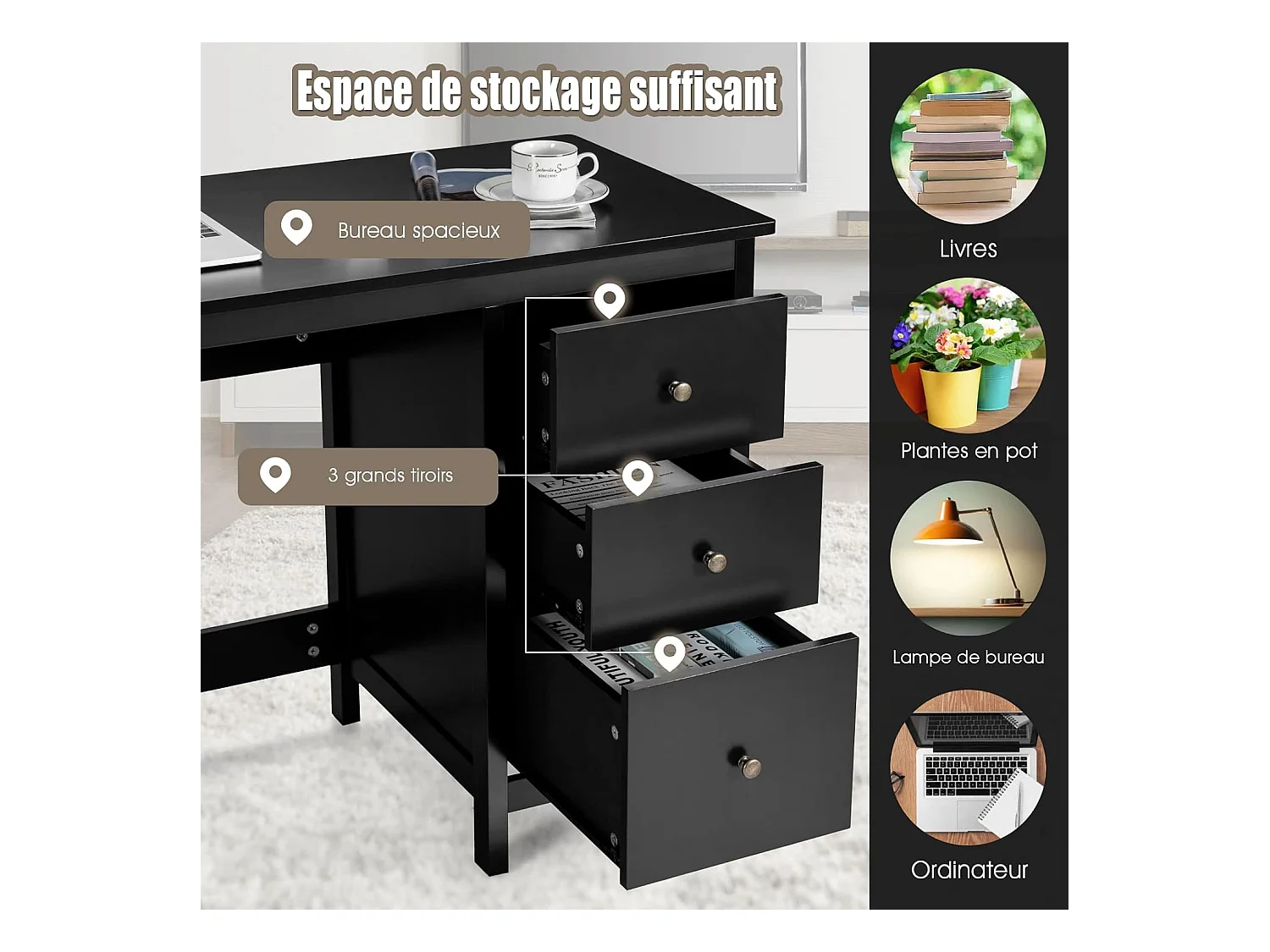 Bureau d'Ordinateur, Table de Bureau avec 3 Tiroirs de Rangement, Bureau d'Écriture, Table d'Étude, Postes de Travail pour Chambre, Bureau, 50 x 120 x 75 cm (Noir)
