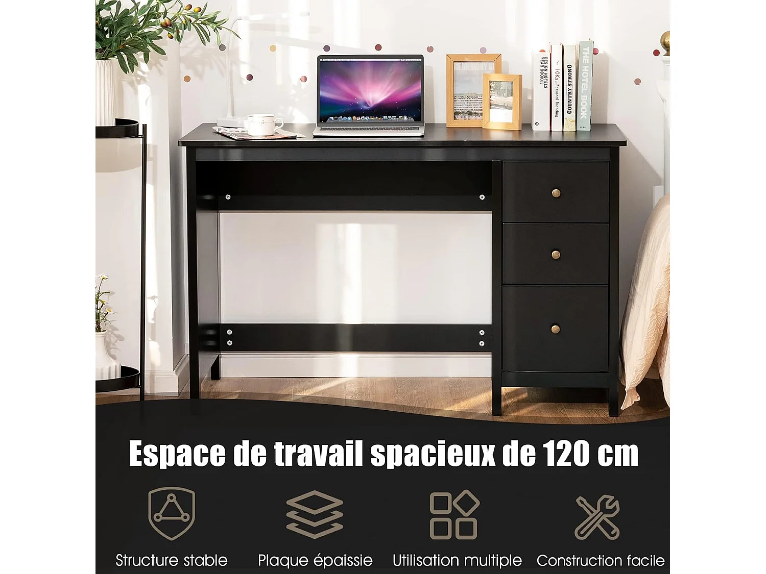 Bureau d'Ordinateur, Table de Bureau avec 3 Tiroirs de Rangement, Bureau d'Écriture, Table d'Étude, Postes de Travail pour Chambre, Bureau, 50 x 120 x 75 cm (Noir)