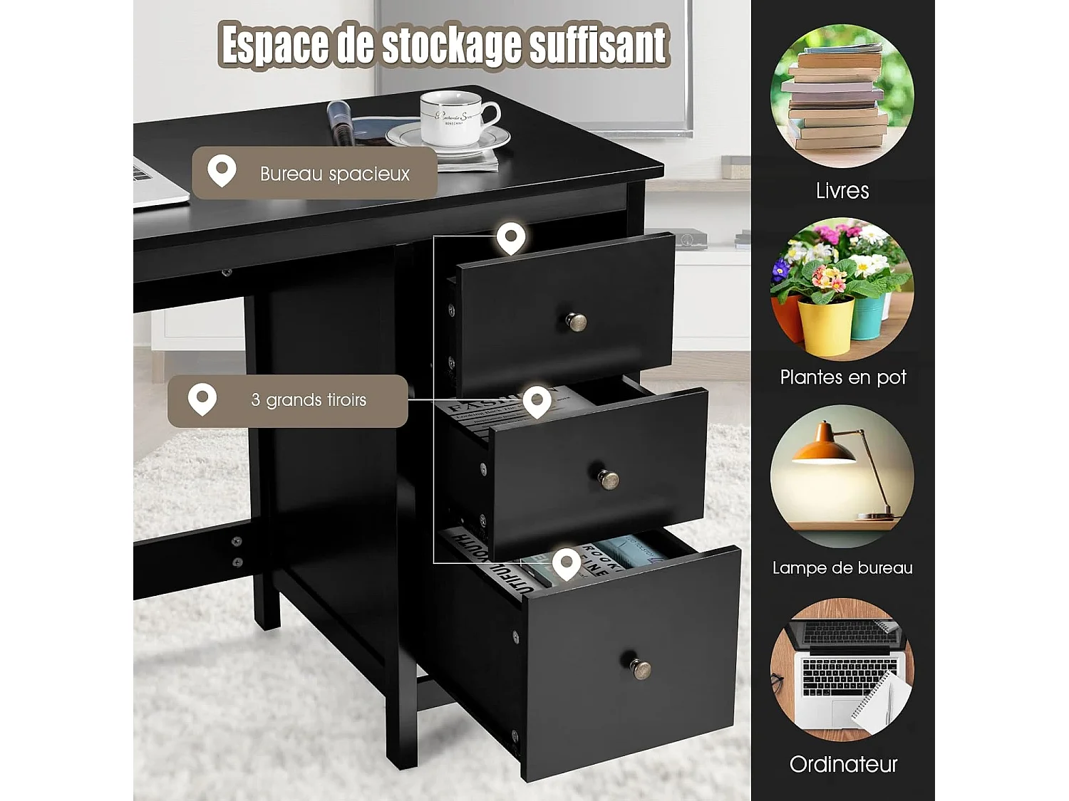 Bureau d'Ordinateur, Table de Bureau avec 3 Tiroirs de Rangement, Bureau d'Écriture, Table d'Étude, Postes de Travail pour Chambre, Bureau, 50 x 120 x 75 cm (Noir)