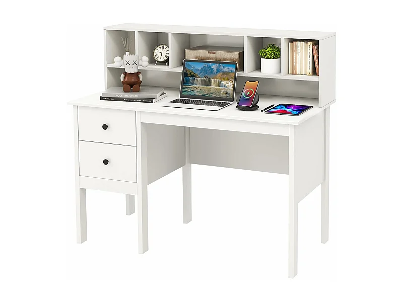 Bureau d'ordinateur 60 x 120 cm, Table de Travail avec Étagères 5 Compartiments et 2 Tiroirs de Rangement, Poste de Travail Informatique en Bois, Blanc