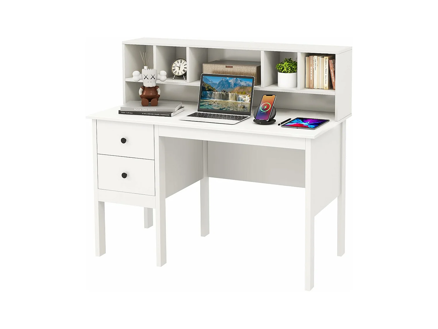 Bureau d'ordinateur 60 x 120 cm, Table de Travail avec Étagères 5 Compartiments et 2 Tiroirs de Rangement, Poste de Travail Informatique en Bois, Blanc