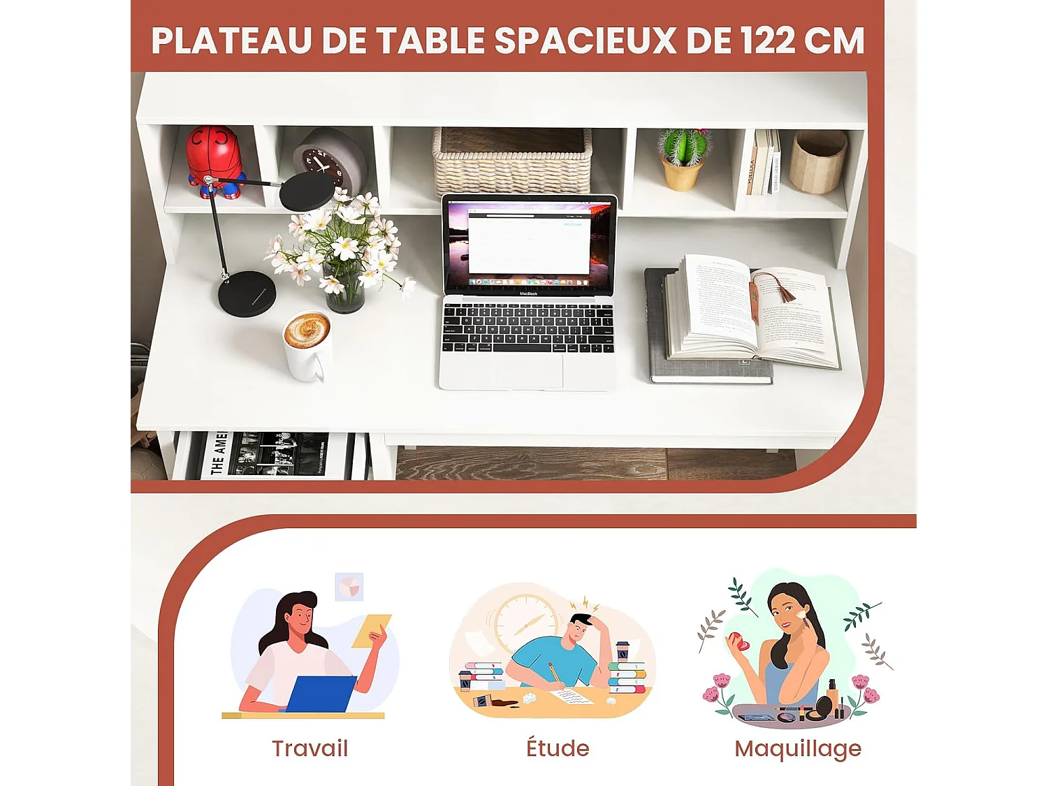 Bureau d'ordinateur 60 x 120 cm, Table de Travail avec Étagères 5 Compartiments et 2 Tiroirs de Rangement, Poste de Travail Informatique en Bois, Blanc