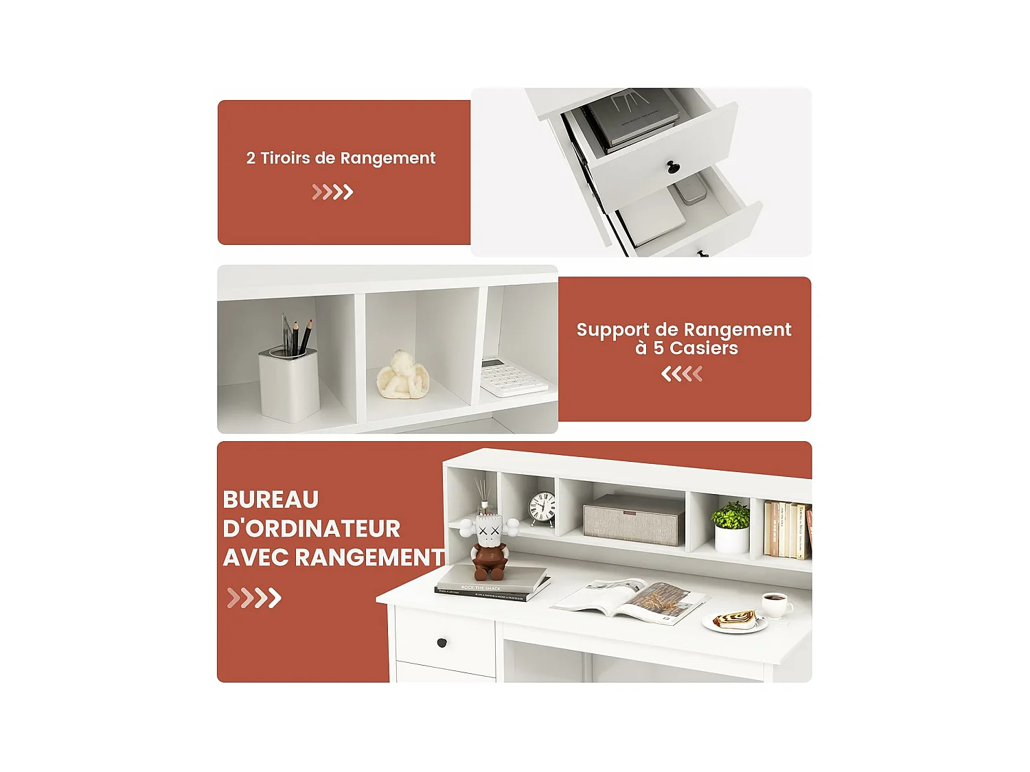 Bureau d'ordinateur 60 x 120 cm, Table de Travail avec Étagères 5 Compartiments et 2 Tiroirs de Rangement, Poste de Travail Informatique en Bois, Blanc