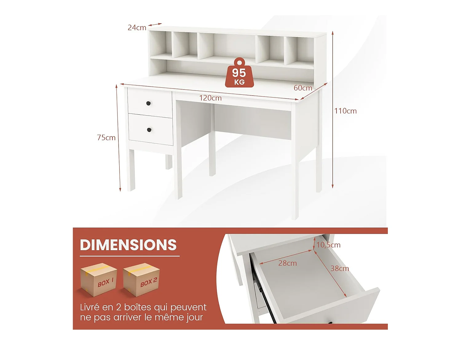 Bureau d'ordinateur 60 x 120 cm, Table de Travail avec Étagères 5 Compartiments et 2 Tiroirs de Rangement, Poste de Travail Informatique en Bois, Blanc