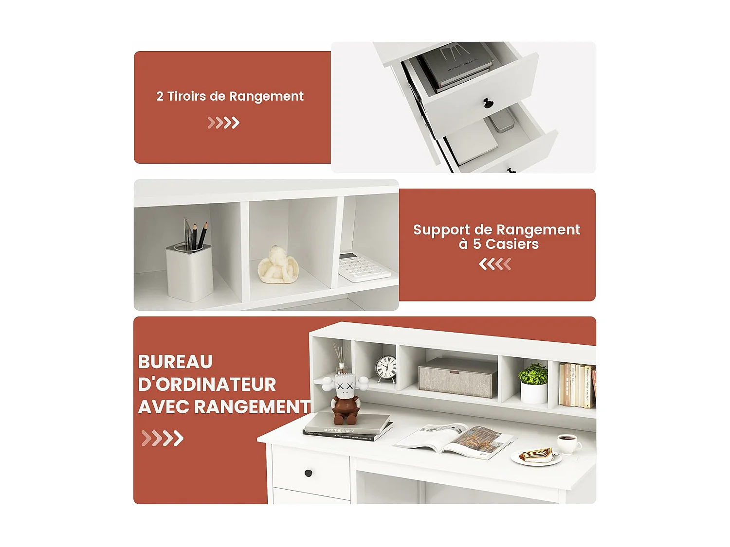 Bureau d'ordinateur 60 x 120 cm, Table de Travail avec Étagères 5 Compartiments et 2 Tiroirs de Rangement, Poste de Travail Informatique en Bois, Blanc